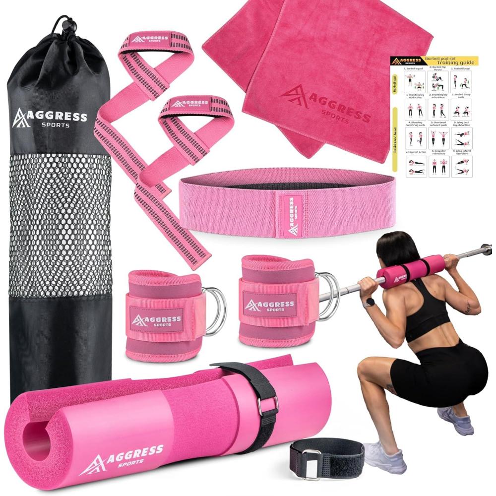imagePremium Barbell Pad Set for Hip Thrusts Squat Pad for Barbell Lunges Bench Press with 2 Gym Ankle Straps Hip Resistance Bands Gym Accessories for Women with Carry Bag TowelFresh Pink