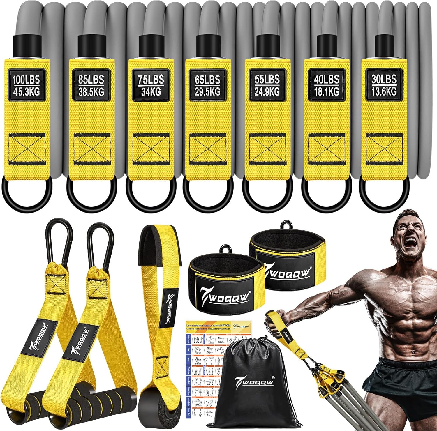 image:imageWOQQW Heavy Resistance Bands for Working Out 350lbs450lbs Exercise Bands with Handles Workout Bands Set for Men Fitness Weight Bands for Muscle Strength TrainingStretchingSlimHome Gym EquipmentYellow