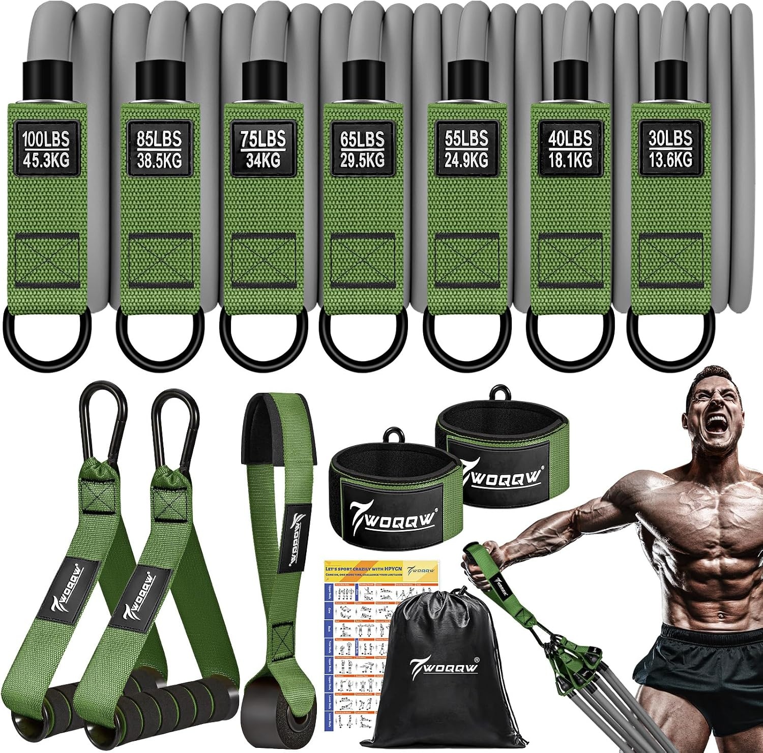 image:imageWOQQW Heavy Resistance Bands for Working Out 350lbs450lbs Exercise Bands with Handles Workout Bands Set for Men Fitness Weight Bands for Muscle Strength TrainingStretchingSlimHome Gym EquipmentGreen