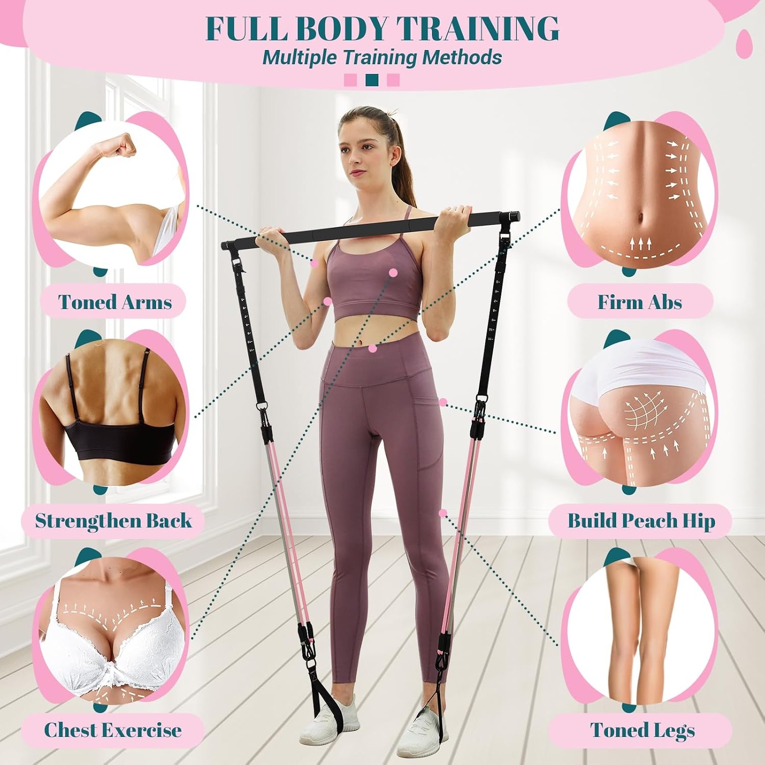 image:imagePilates Bar Kit with Resistance Bands Multifunctional Yoga Pilates Kit HeavyDuty Metal Adjustment Buckle Portable Home Gym Pilates Resistance Bar Kit for Women Full Body WorkoutsJet Black