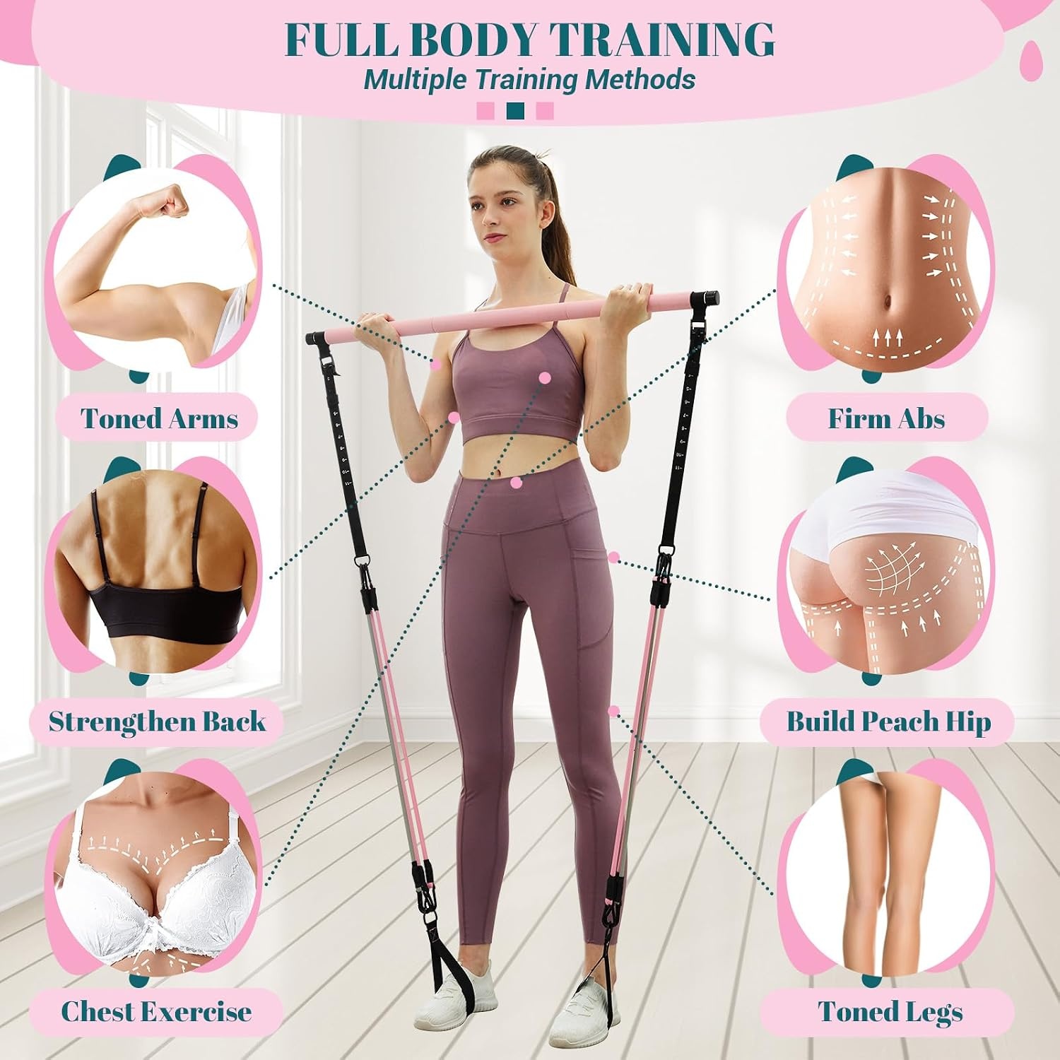 image:imagePilates Bar Kit with Resistance Bands Multifunctional Yoga Pilates Kit HeavyDuty Metal Adjustment Buckle Portable Home Gym Pilates Resistance Bar Kit for Women Full Body WorkoutsPink