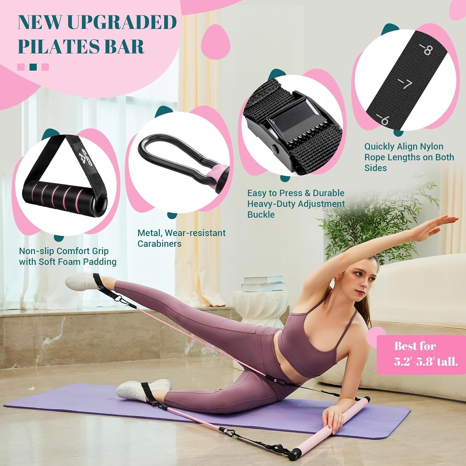image:imagePilates Bar Kit with Resistance Bands Multifunctional Yoga Pilates Kit HeavyDuty Metal Adjustment Buckle Portable Home Gym Pilates Resistance Bar Kit for Women Full Body WorkoutsPink