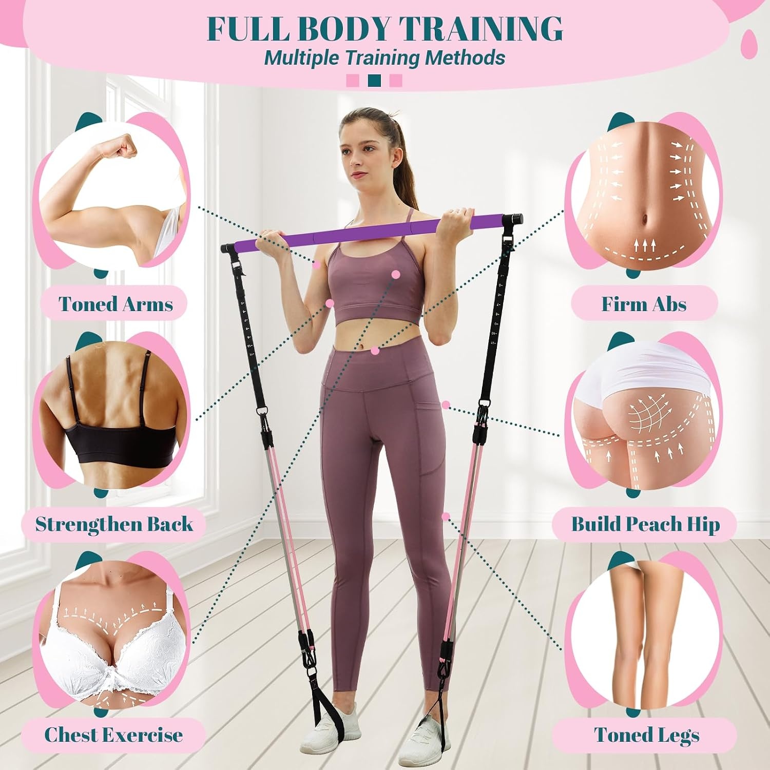 image:imagePilates Bar Kit with Resistance Bands Multifunctional Yoga Pilates Kit HeavyDuty Metal Adjustment Buckle Portable Home Gym Pilates Resistance Bar Kit for Women Full Body WorkoutsPurple