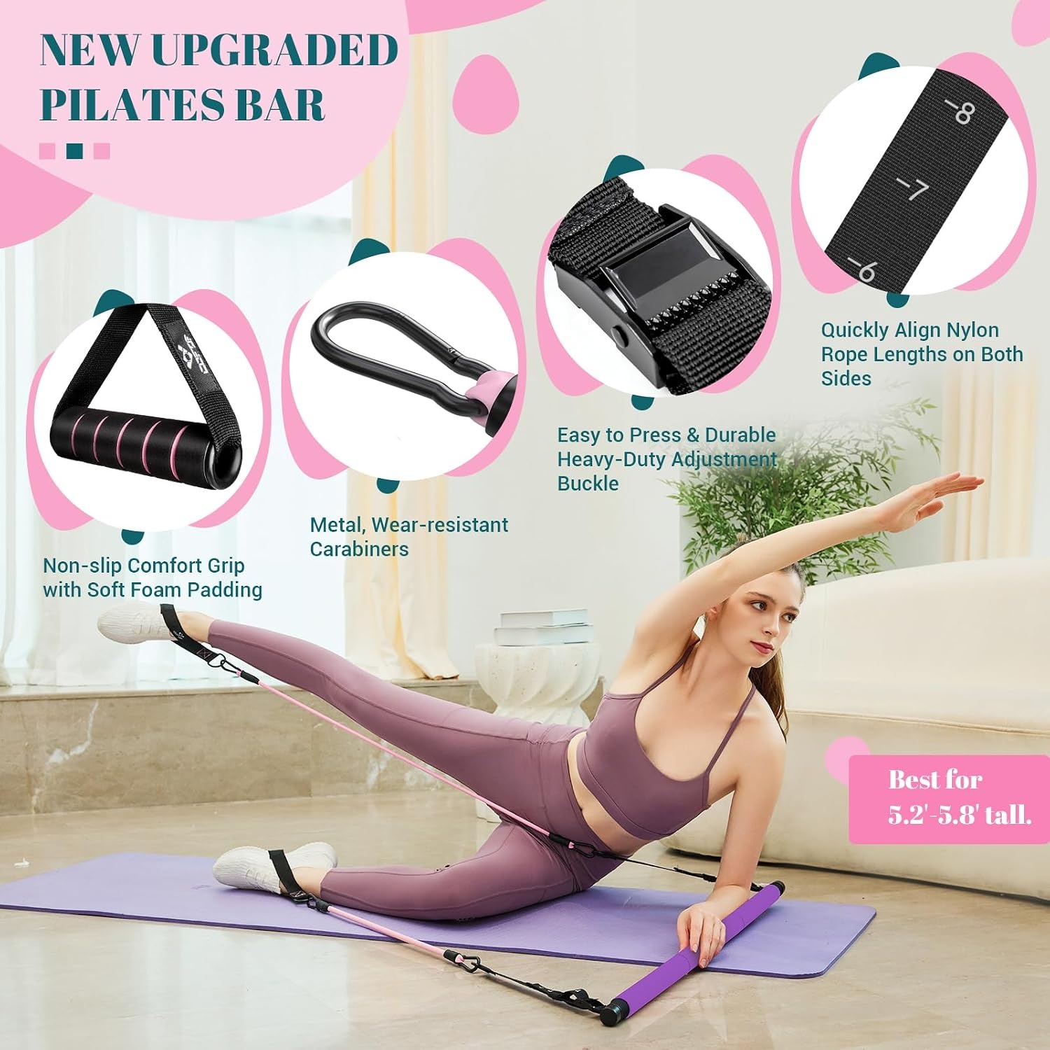 image:imagePilates Bar Kit with Resistance Bands Multifunctional Yoga Pilates Kit HeavyDuty Metal Adjustment Buckle Portable Home Gym Pilates Resistance Bar Kit for Women Full Body WorkoutsPurple