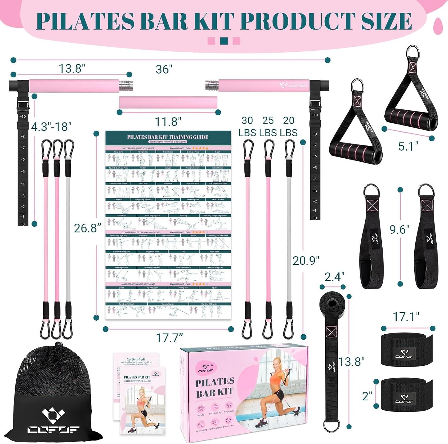 image:imagePilates Bar Kit with Resistance Bands Multifunctional Yoga Pilates Kit HeavyDuty Metal Adjustment Buckle Portable Home Gym Pilates Resistance Bar Kit for Women Full Body WorkoutsPink
