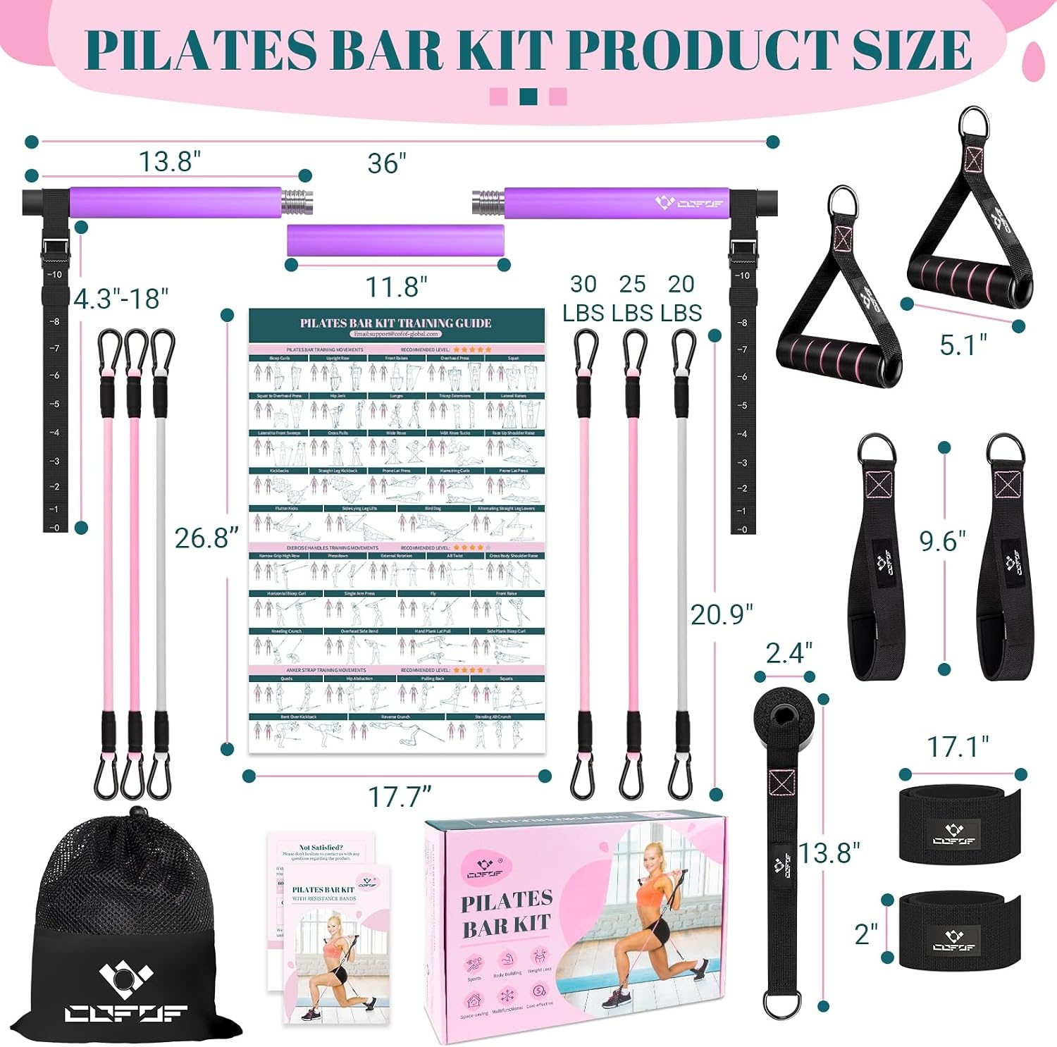 image:imagePilates Bar Kit with Resistance Bands Multifunctional Yoga Pilates Kit HeavyDuty Metal Adjustment Buckle Portable Home Gym Pilates Resistance Bar Kit for Women Full Body WorkoutsPurple