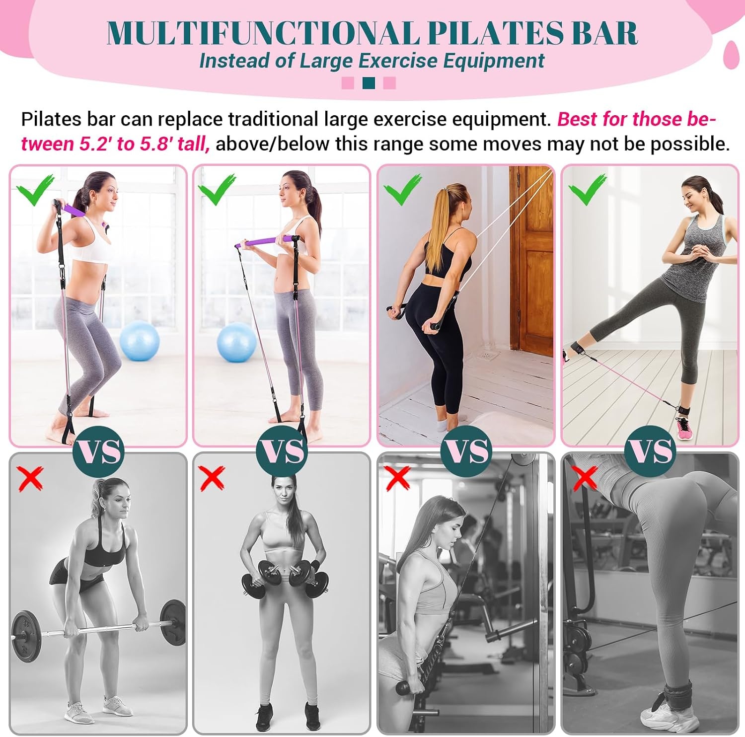 image:imagePilates Bar Kit with Resistance Bands Multifunctional Yoga Pilates Kit HeavyDuty Metal Adjustment Buckle Portable Home Gym Pilates Resistance Bar Kit for Women Full Body WorkoutsPurple