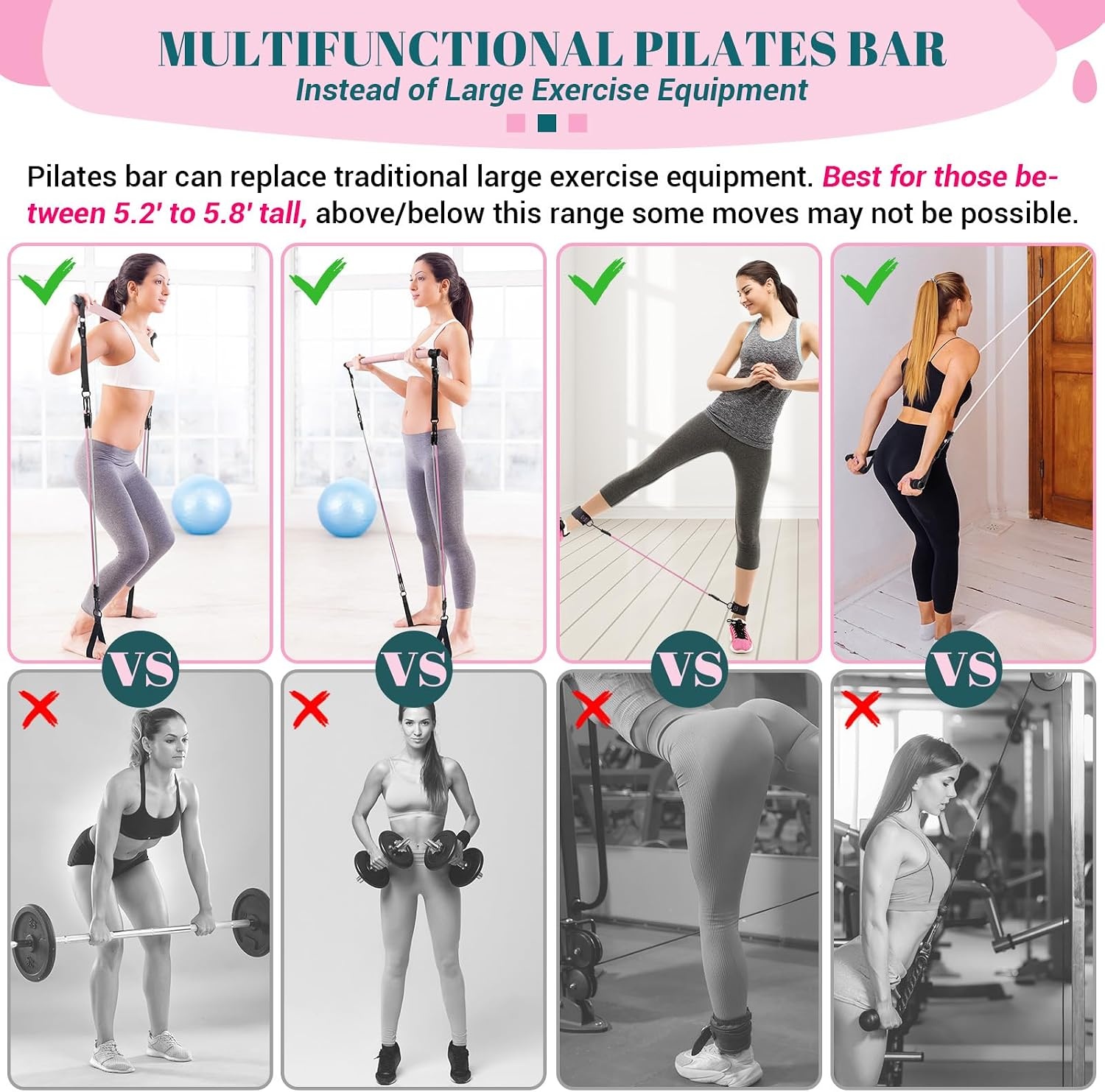 image:imagePilates Bar Kit with Resistance Bands Multifunctional Yoga Pilates Kit HeavyDuty Metal Adjustment Buckle Portable Home Gym Pilates Resistance Bar Kit for Women Full Body WorkoutsPink