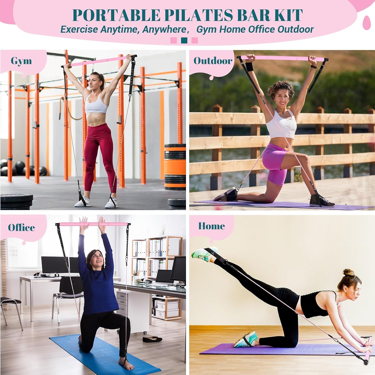 image:imagePilates Bar Kit with Resistance Bands Multifunctional Yoga Pilates Kit HeavyDuty Metal Adjustment Buckle Portable Home Gym Pilates Resistance Bar Kit for Women Full Body WorkoutsPink