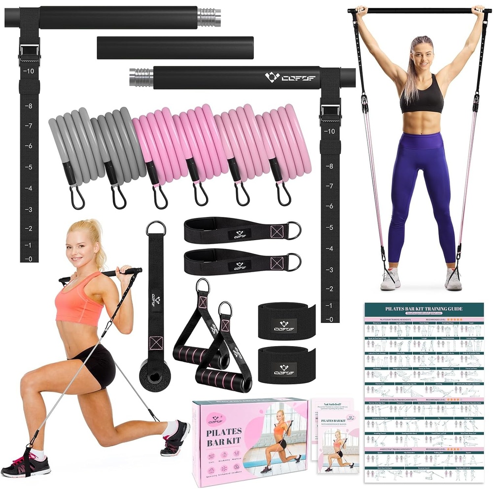 image:imagePilates Bar Kit with Resistance Bands Multifunctional Yoga Pilates Kit  HeavyDuty Metal Adjustment Buckle Portable Home Gym Pilates Resistance Bar Kit for Women Full Body WorkoutsJet Black