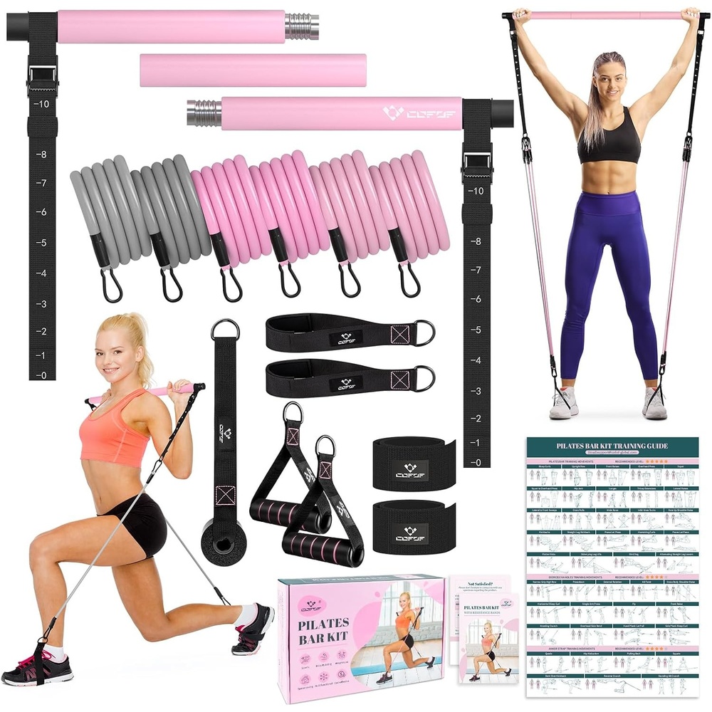 image:imagePilates Bar Kit with Resistance Bands Multifunctional Yoga Pilates Kit HeavyDuty Metal Adjustment Buckle Portable Home Gym Pilates Resistance Bar Kit for Women Full Body WorkoutsPink