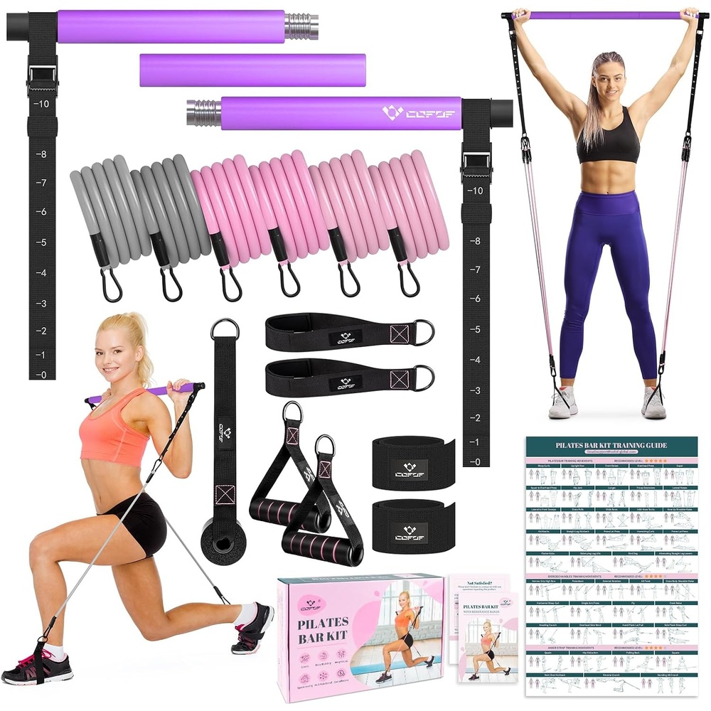 image:imagePilates Bar Kit with Resistance Bands Multifunctional Yoga Pilates Kit  HeavyDuty Metal Adjustment Buckle Portable Home Gym Pilates Resistance Bar Kit for Women Full Body WorkoutsPurple