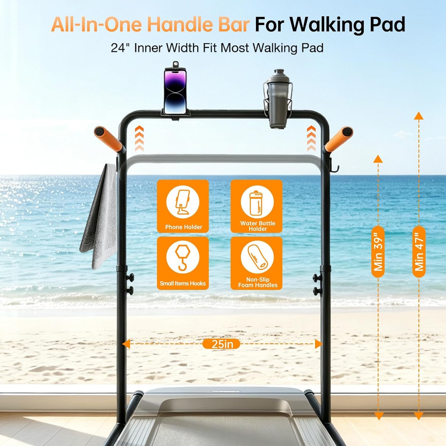 image:image25 Wide Walking Pad Handlebar Only 3947in Adjustable Treadmill Handrail Fits Most Walking Pads Phone amp Cup Holder NonSlip Bar Double Side Hooks HandsFree Workout Indoor TV Walking