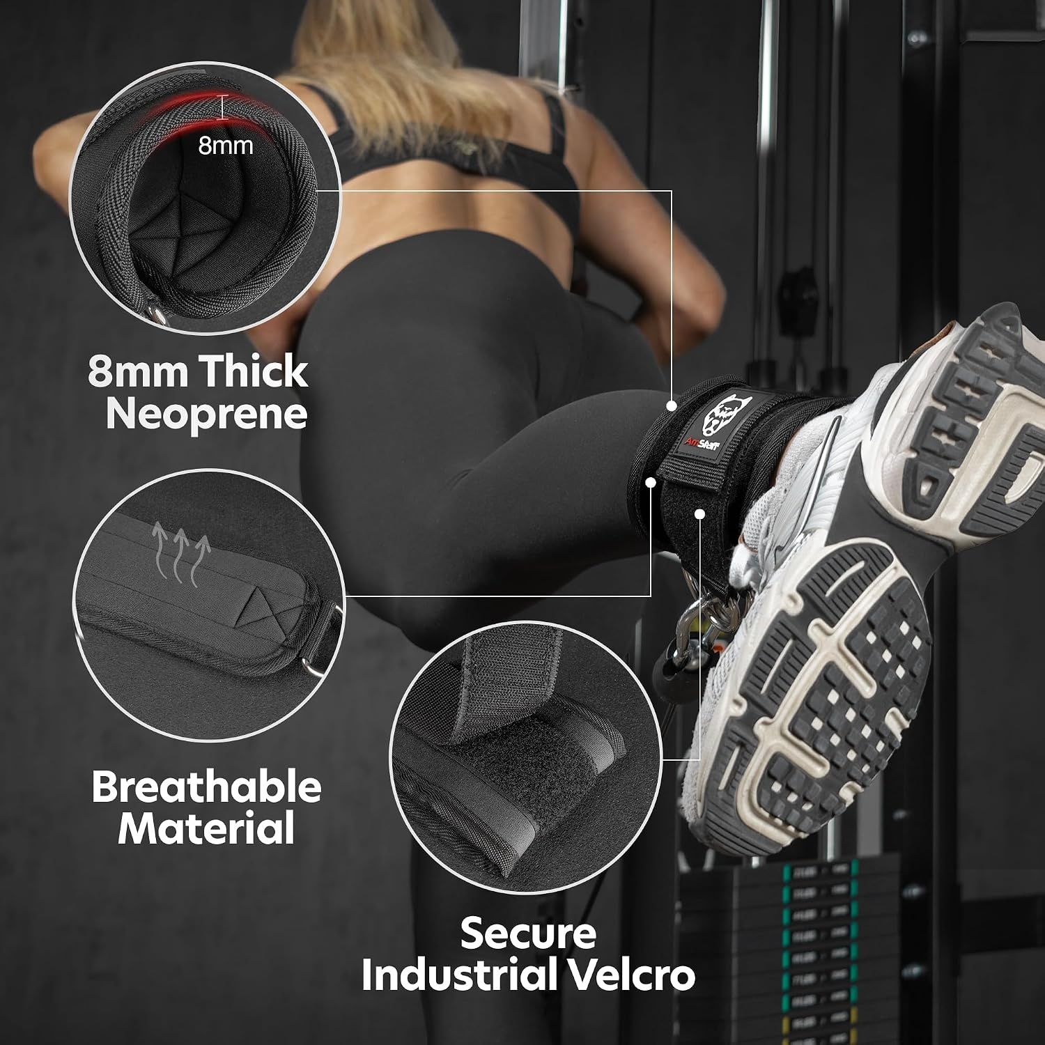 image:imageAmStaff Fitness Ankle Straps for Cable Machines Padded Gym Ankle Cuffs for Glutes Legs and Booty Workouts Adjustable Cable Attachments for Women amp Men One SizeBlack Pair