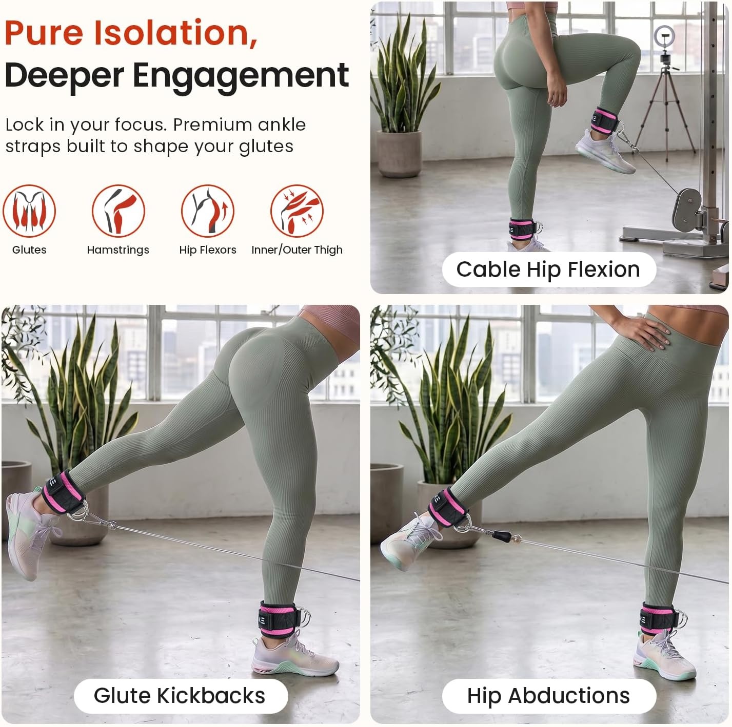 image:imageBAGAIL Ankle Straps for Cable Machines 2 Pack Double DRing Ankle Cuffs with Extra Thick Padding Adjustable Fit for Women amp Men Glute Kickbacks Hip Abductors amp Leg Curls Includes Mesh BagPink