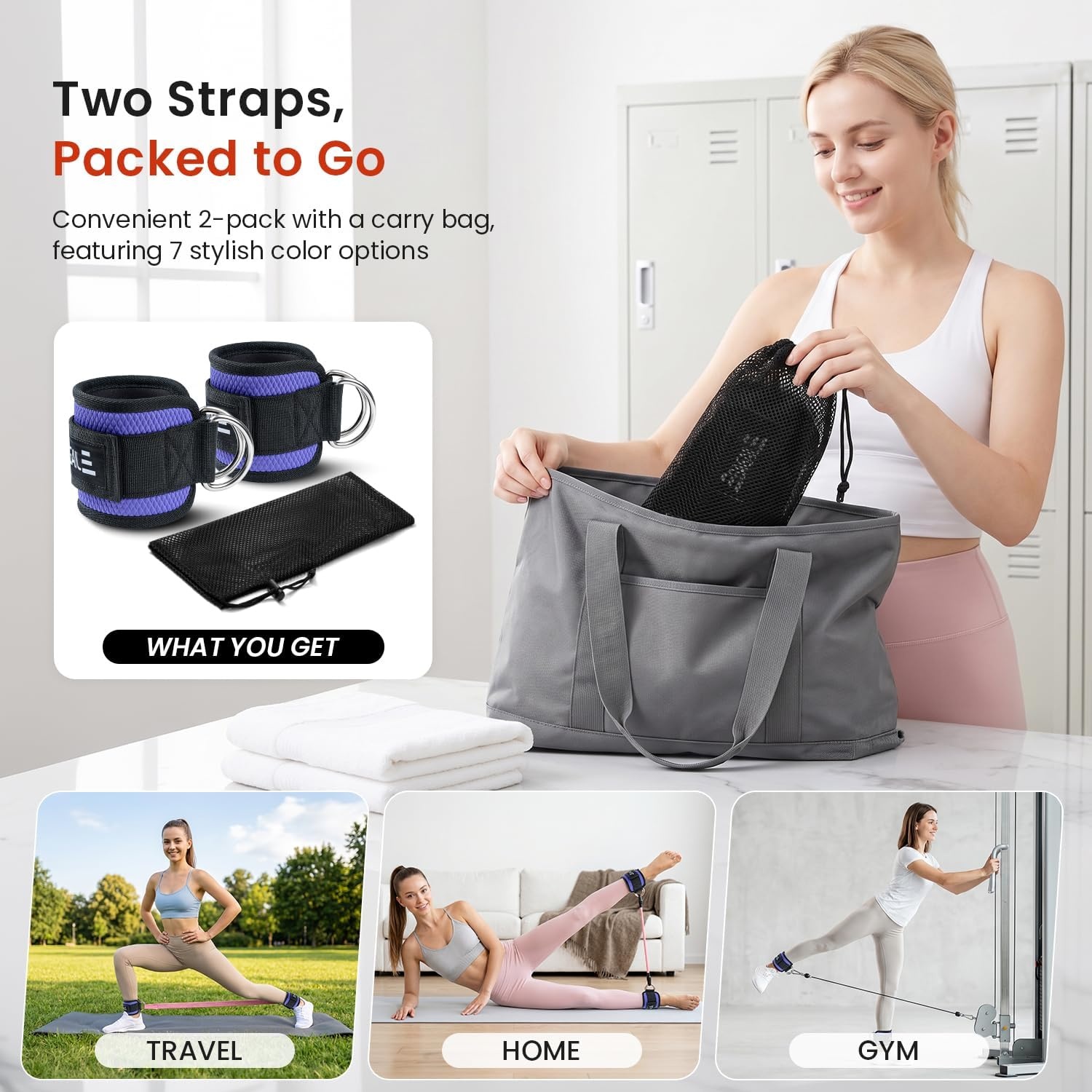 image:imageBAGAIL Ankle Straps for Cable Machines 2 Pack Double DRing Ankle Cuffs with Extra Thick Padding Adjustable Fit for Women amp Men Glute Kickbacks Hip Abductors amp Leg Curls Includes Mesh BagPurple