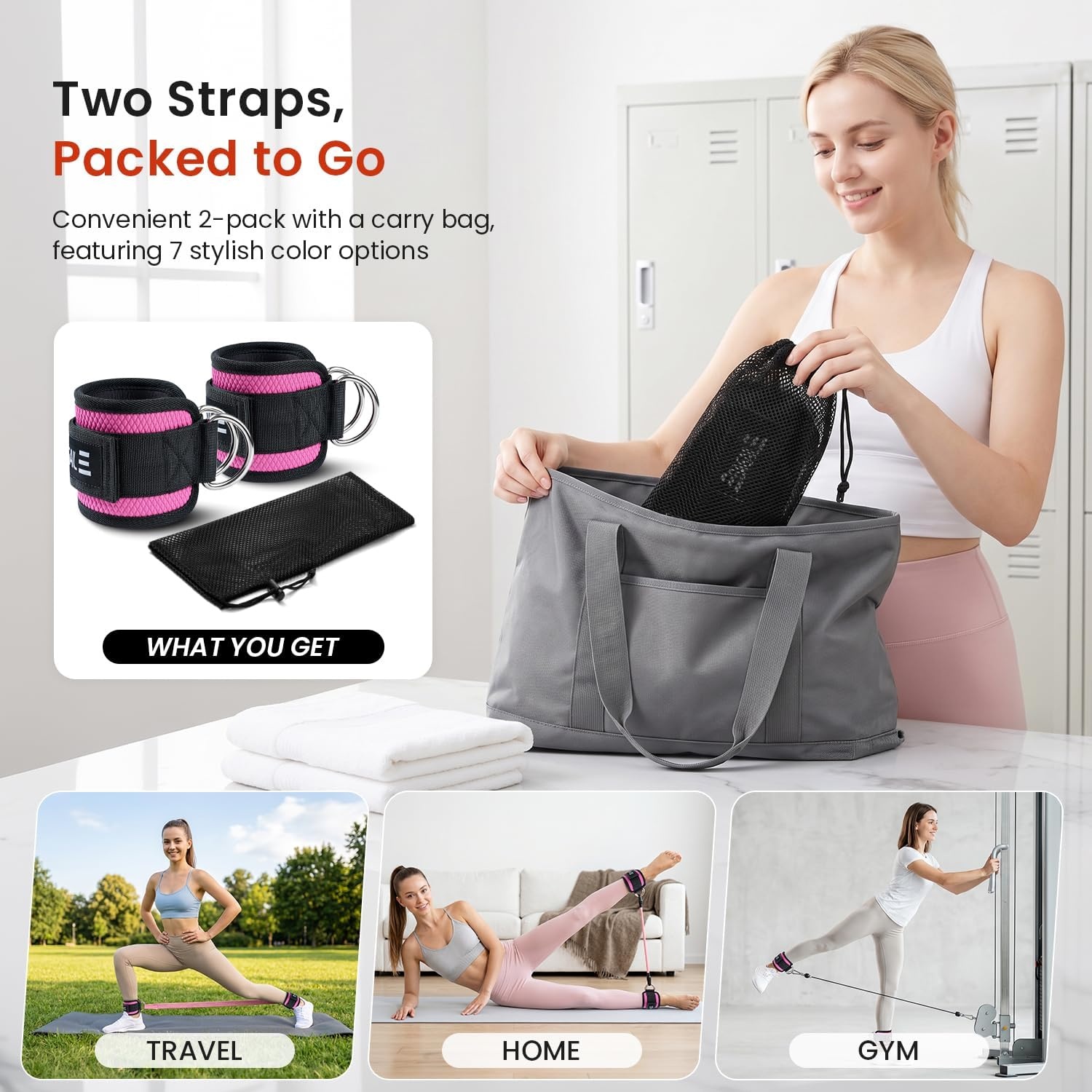 image:imageBAGAIL Ankle Straps for Cable Machines 2 Pack Double DRing Ankle Cuffs with Extra Thick Padding Adjustable Fit for Women amp Men Glute Kickbacks Hip Abductors amp Leg Curls Includes Mesh BagPink