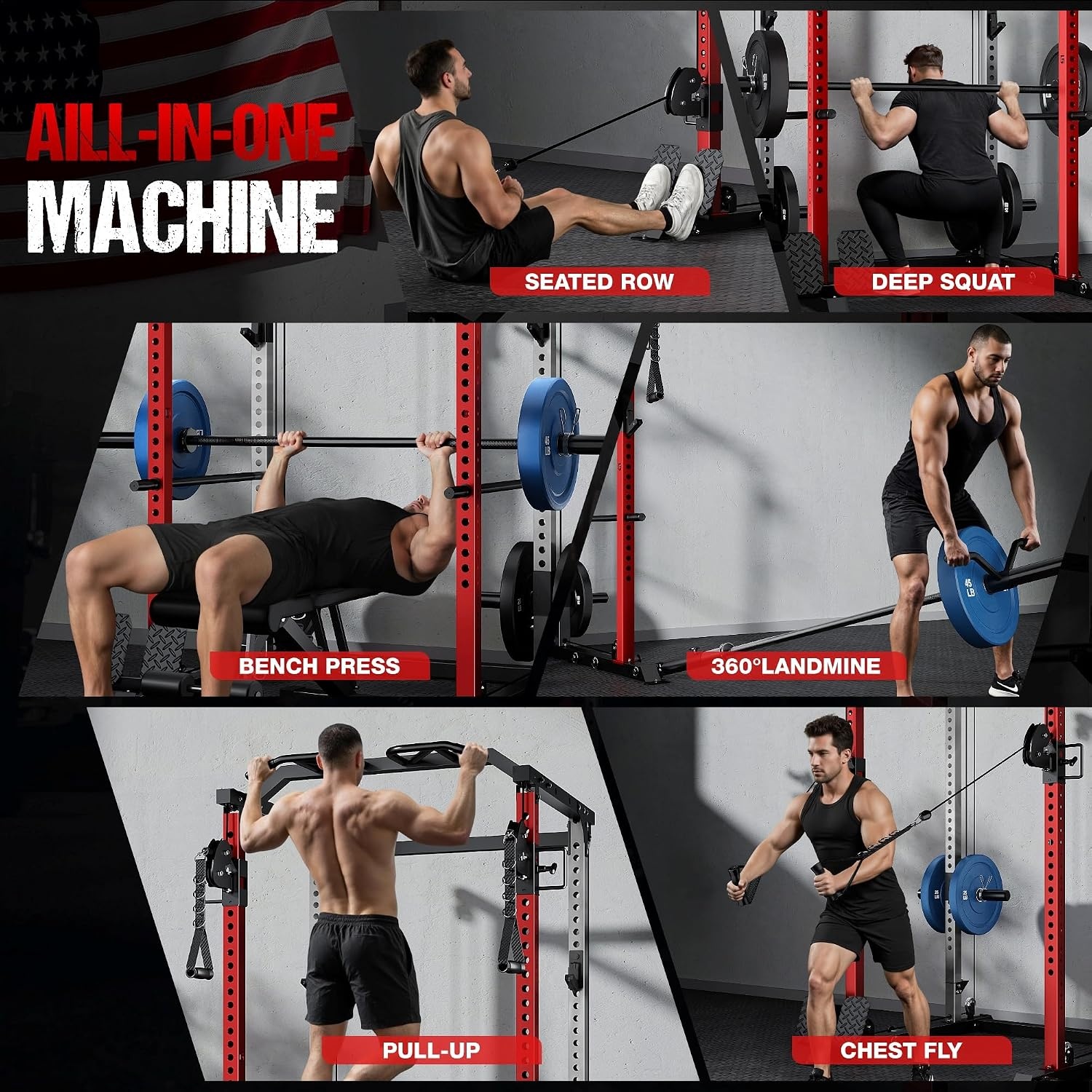 image:imageDP01 Power Cage 2000LBS Squat Rack with Cable Crossover and Dual Independent Pulley System Full Cage for Full Body Training Power Rack with More Training Attachments for Home GymRed