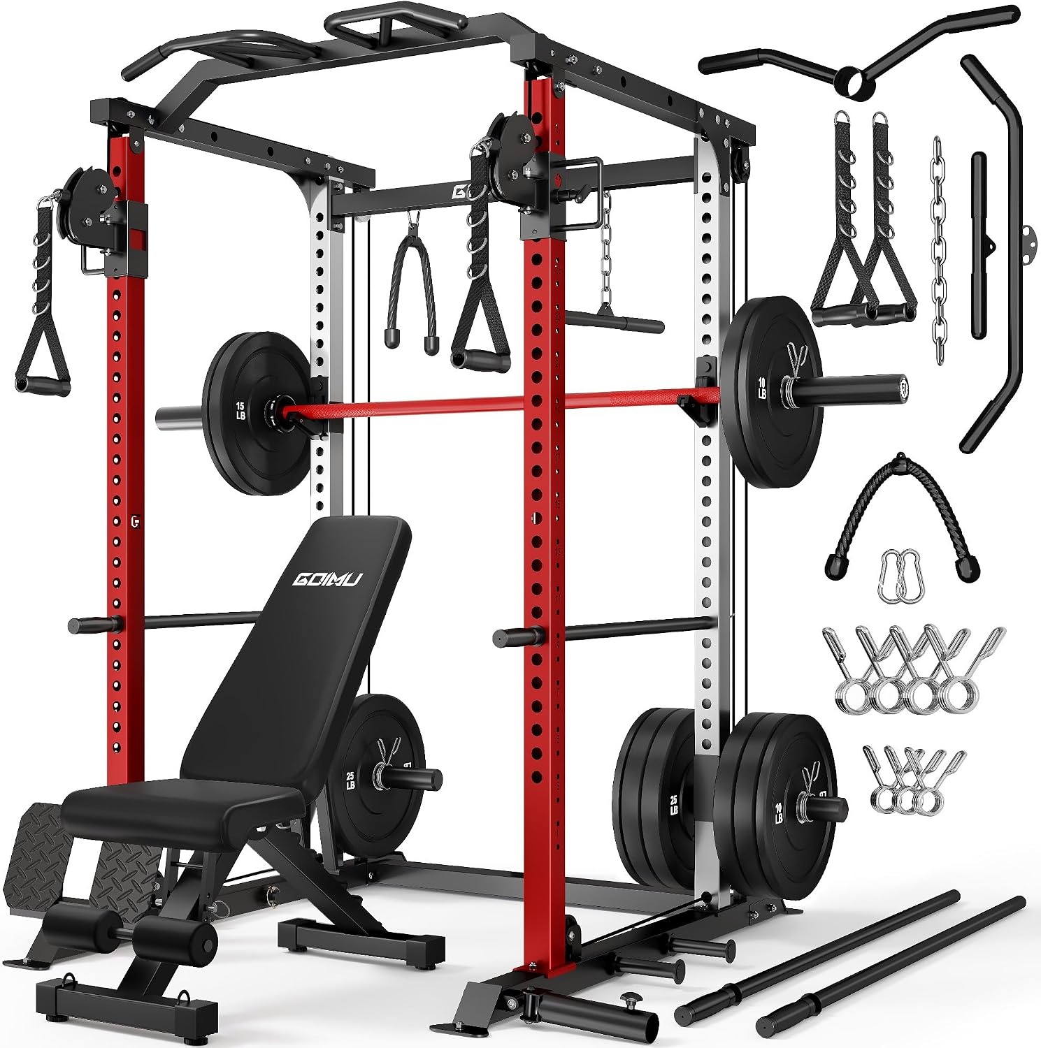 image:imageDP01 Power Cage 2000LBS Squat Rack with Cable Crossover and Dual Independent Pulley System Full Cage for Full Body Training Power Rack with More Training Attachments for Home GymRed