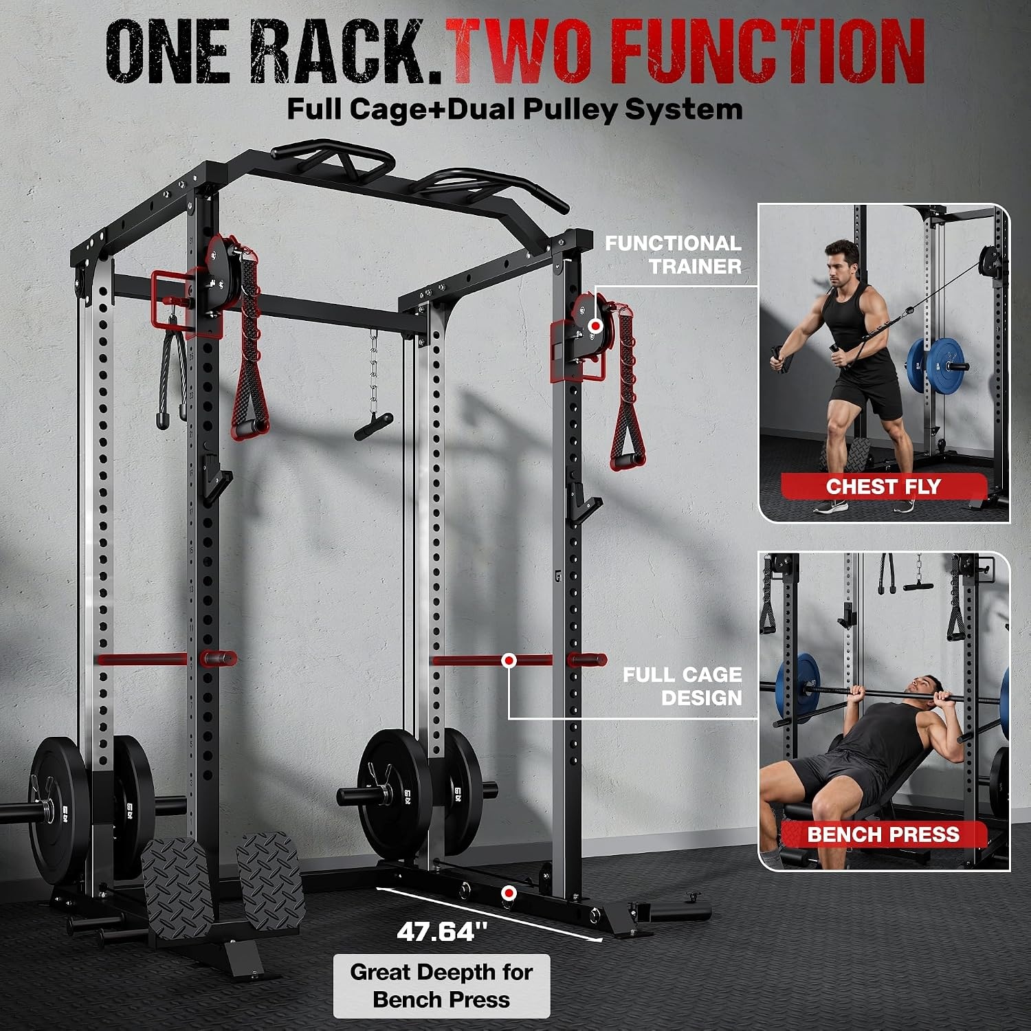 image:imageDP01 Power Cage 2000LBS Squat Rack with Cable Crossover and Dual Independent Pulley System Full Cage for Full Body Training Power Rack with More Training Attachments for Home GymBlack