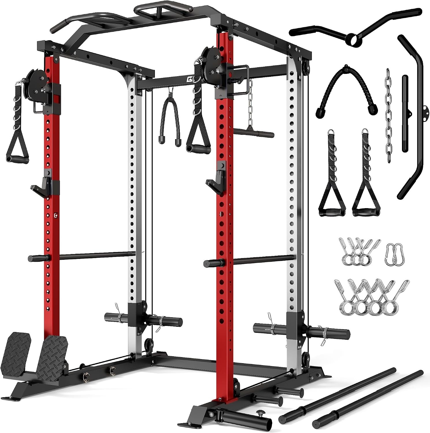 image:imageDP01 Power Cage 2000LBS Squat Rack with Cable Crossover and Dual Independent Pulley System Full Cage for Full Body Training Power Rack with More Training Attachments for Home GymRed