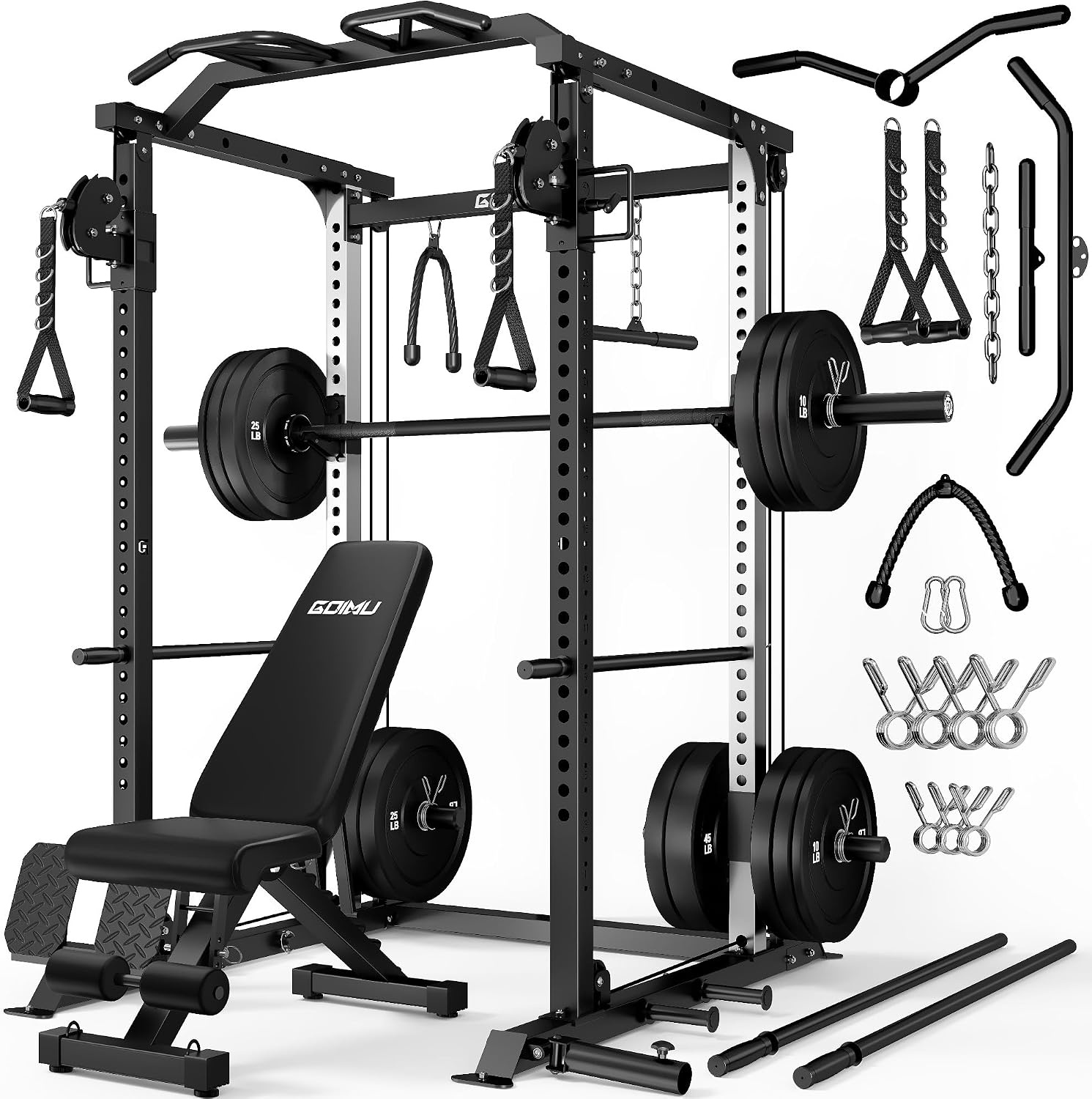 image:imageDP01 Power Cage 2000LBS Squat Rack with Cable Crossover and Dual Independent Pulley System Full Cage for Full Body Training Power Rack with More Training Attachments for Home GymBlack