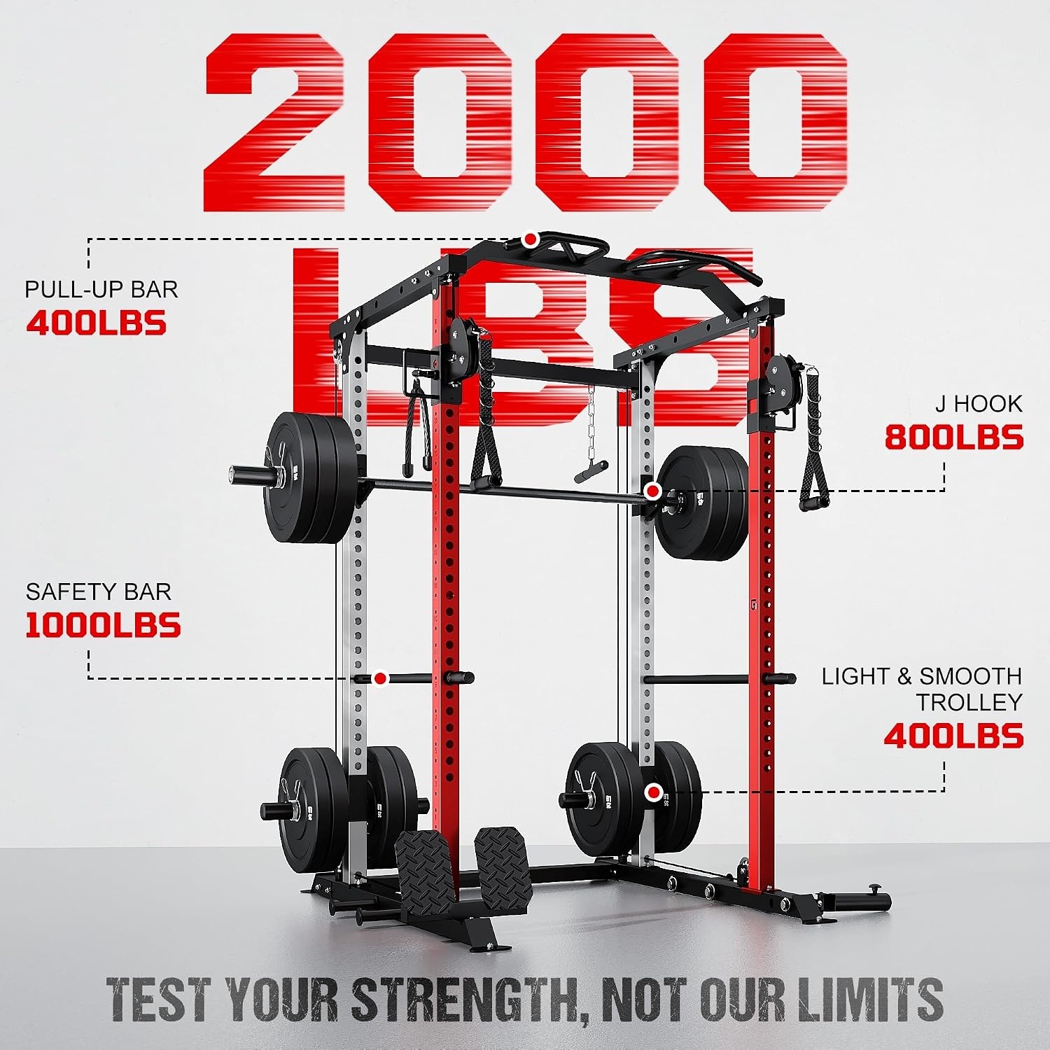 image:imageDP01 Power Cage 2000LBS Squat Rack with Cable Crossover and Dual Independent Pulley System Full Cage for Full Body Training Power Rack with More Training Attachments for Home GymRed