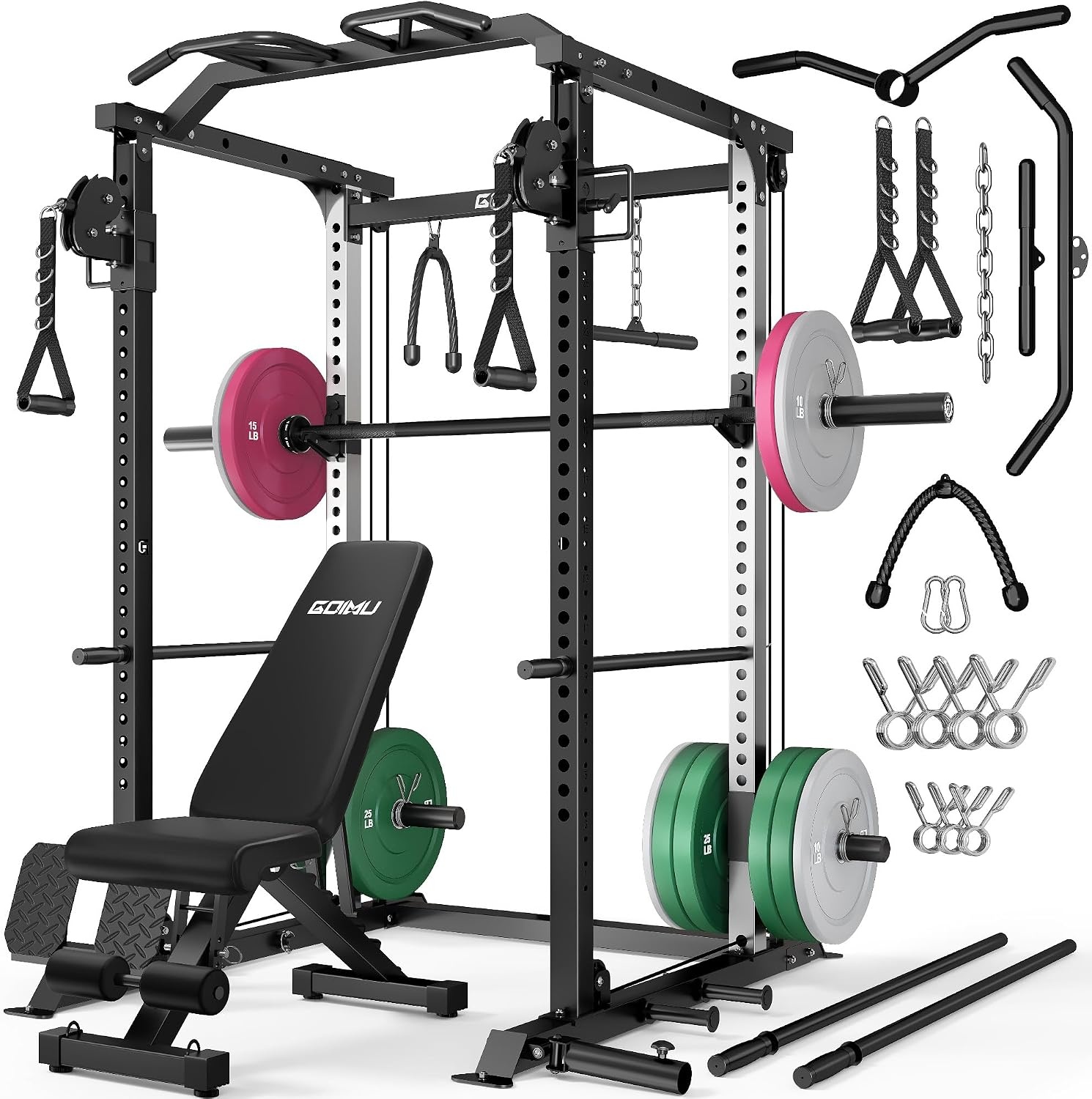 image:imageDP01 Power Cage 2000LBS Squat Rack with Cable Crossover and Dual Independent Pulley System Full Cage for Full Body Training Power Rack with More Training Attachments for Home GymBlack