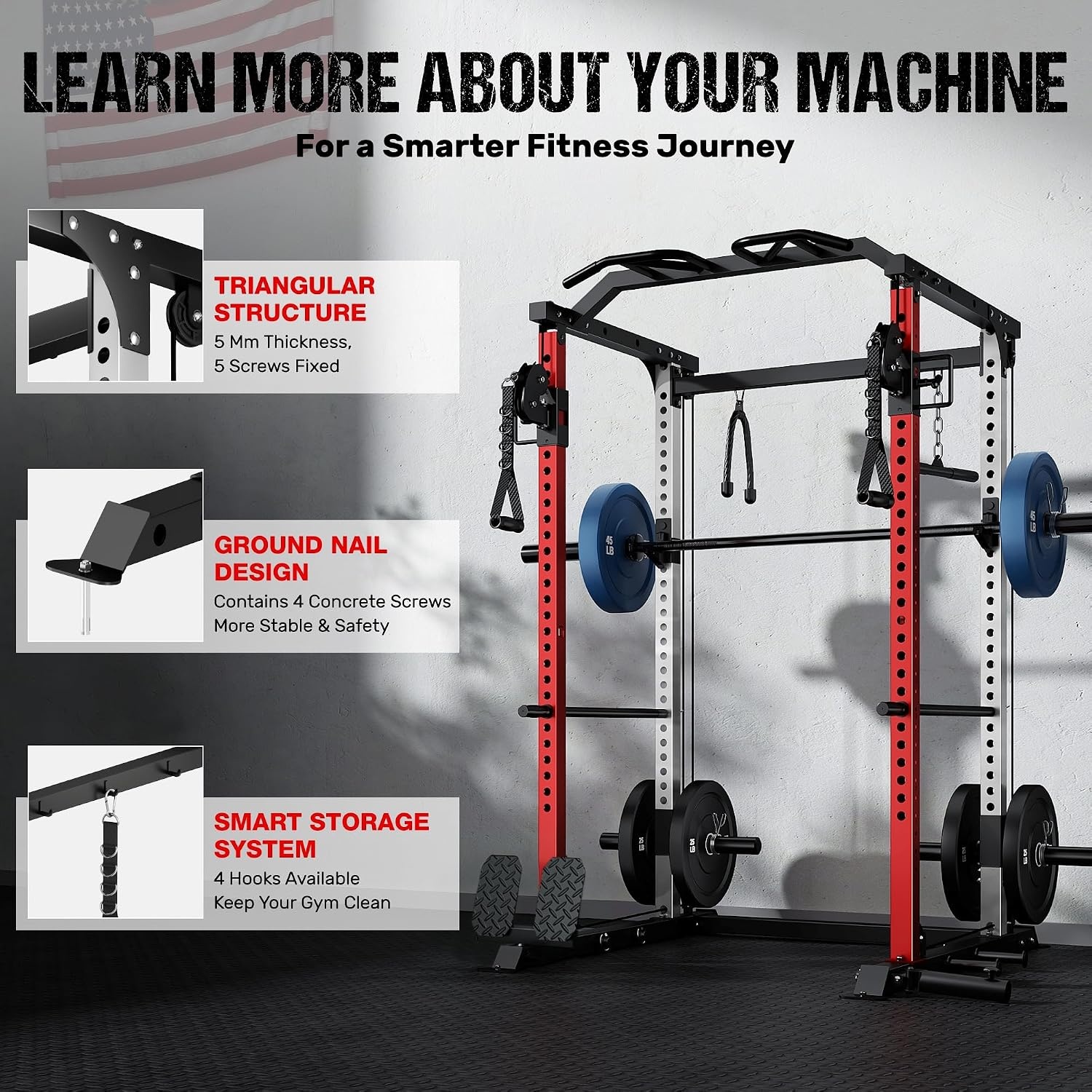 image:imageDP01 Power Cage 2000LBS Squat Rack with Cable Crossover and Dual Independent Pulley System Full Cage for Full Body Training Power Rack with More Training Attachments for Home GymRed
