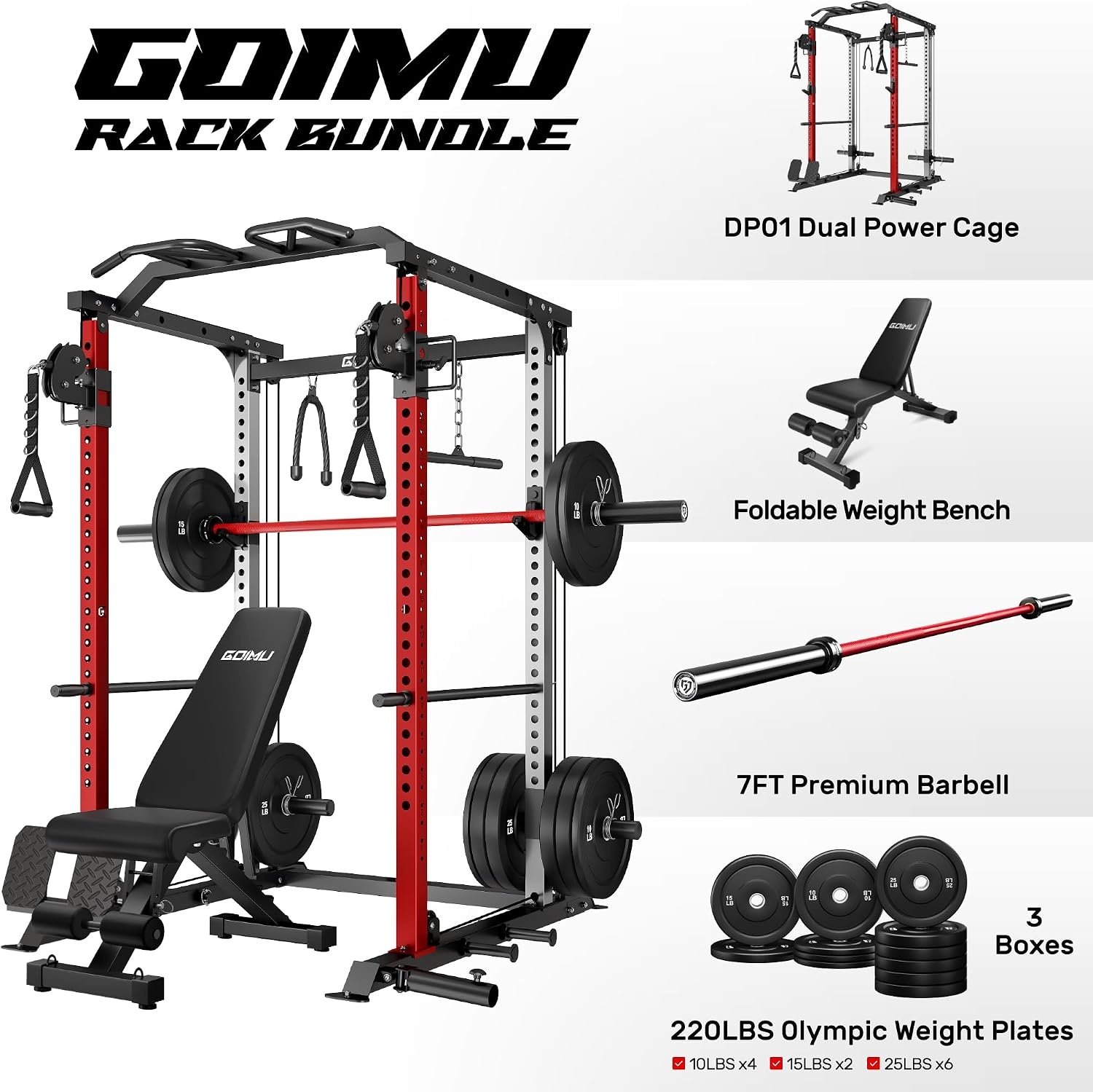 image:imageDP01 Power Cage 2000LBS Squat Rack with Cable Crossover and Dual Independent Pulley System Full Cage for Full Body Training Power Rack with More Training Attachments for Home GymRed
