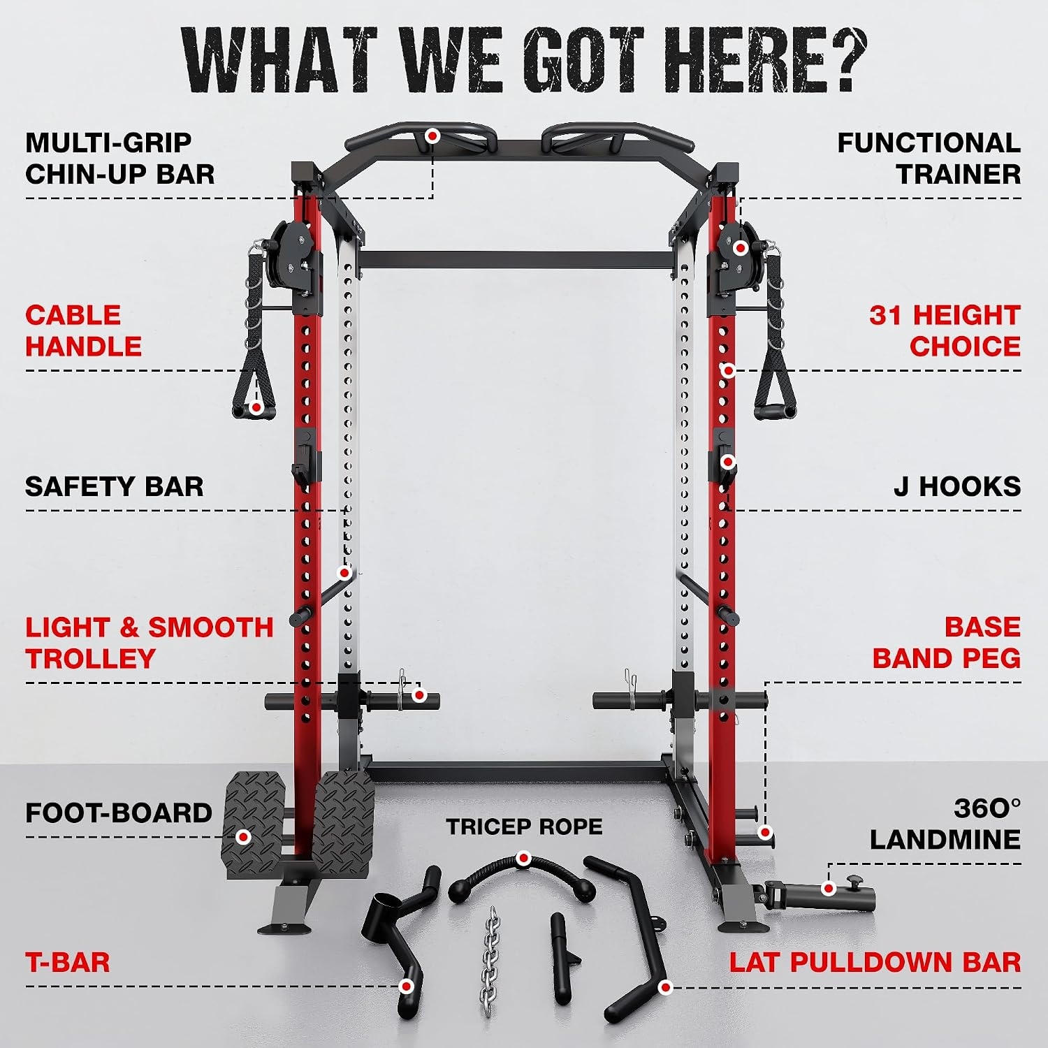 image:imageDP01 Power Cage 2000LBS Squat Rack with Cable Crossover and Dual Independent Pulley System Full Cage for Full Body Training Power Rack with More Training Attachments for Home GymRed
