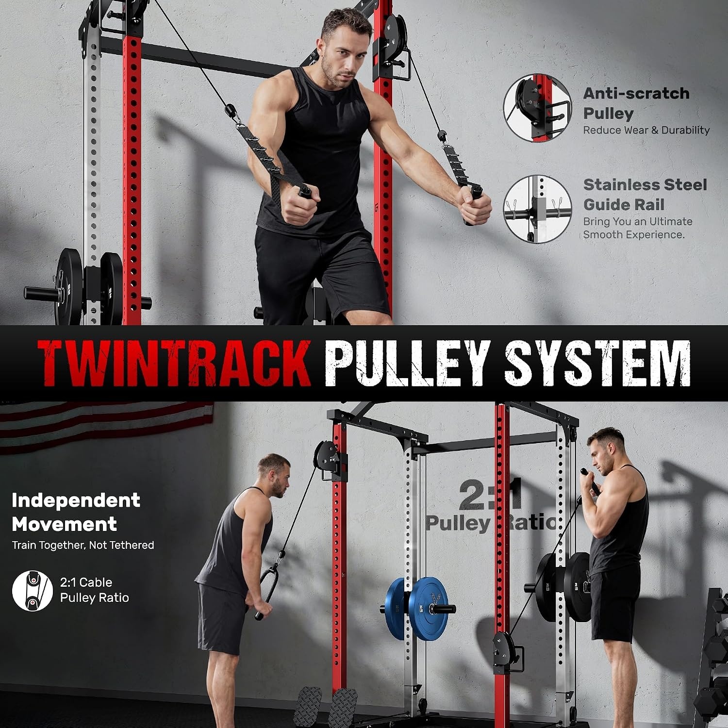 image:imageDP01 Power Cage 2000LBS Squat Rack with Cable Crossover and Dual Independent Pulley System Full Cage for Full Body Training Power Rack with More Training Attachments for Home GymRed