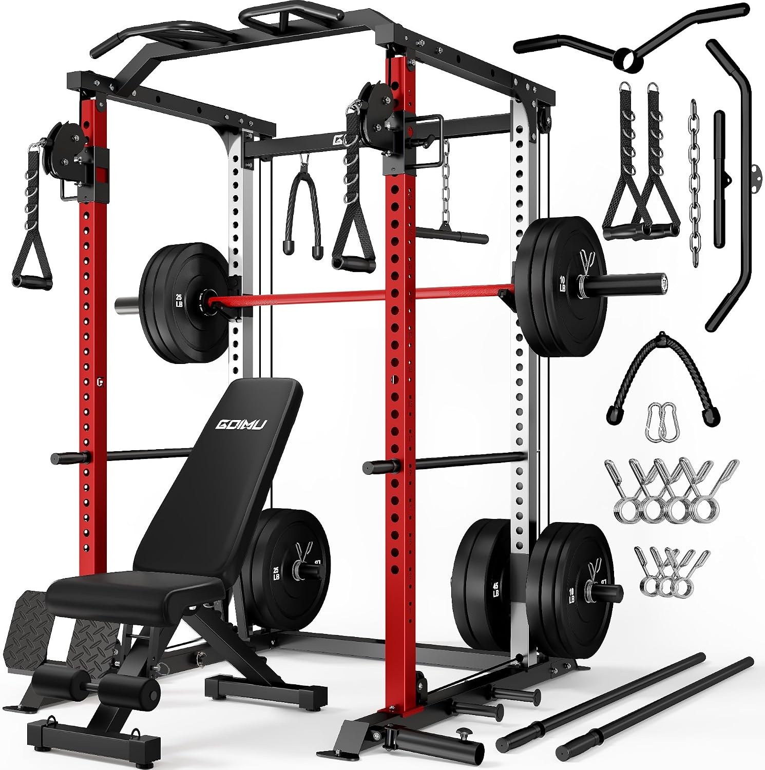 image:imageDP01 Power Cage 2000LBS Squat Rack with Cable Crossover and Dual Independent Pulley System Full Cage for Full Body Training Power Rack with More Training Attachments for Home GymRed