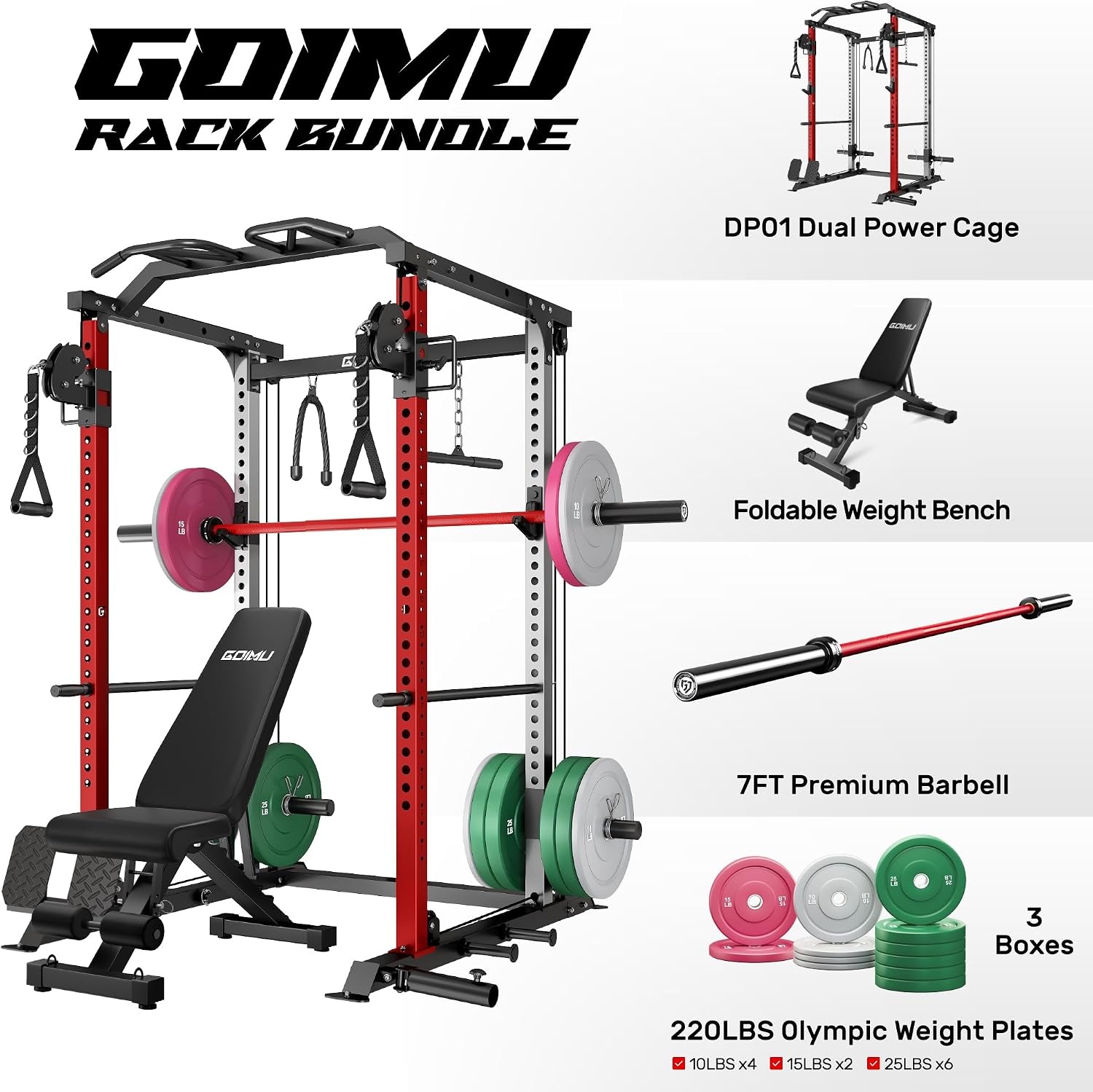 image:imageDP01 Power Cage 2000LBS Squat Rack with Cable Crossover and Dual Independent Pulley System Full Cage for Full Body Training Power Rack with More Training Attachments for Home GymRed