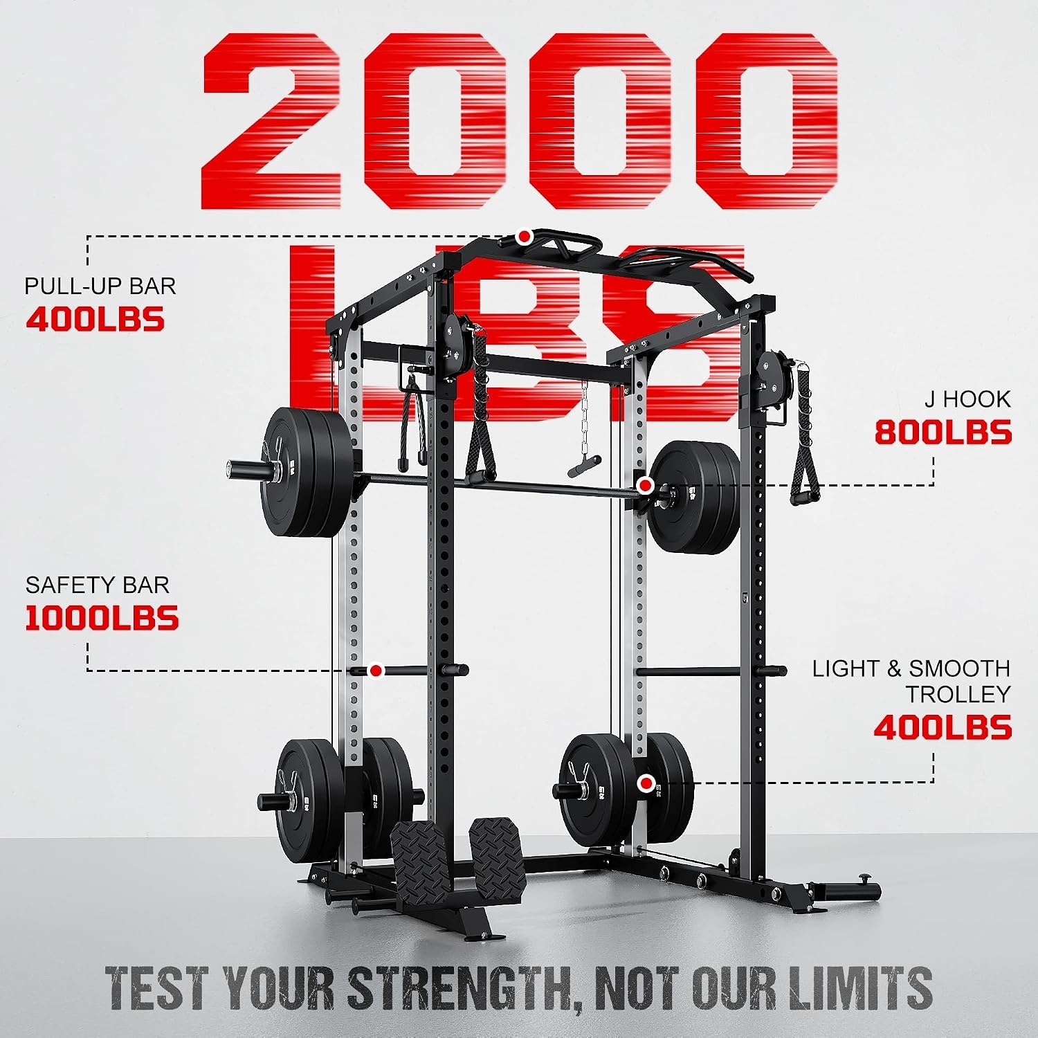 image:imageDP01 Power Cage 2000LBS Squat Rack with Cable Crossover and Dual Independent Pulley System Full Cage for Full Body Training Power Rack with More Training Attachments for Home GymBlack