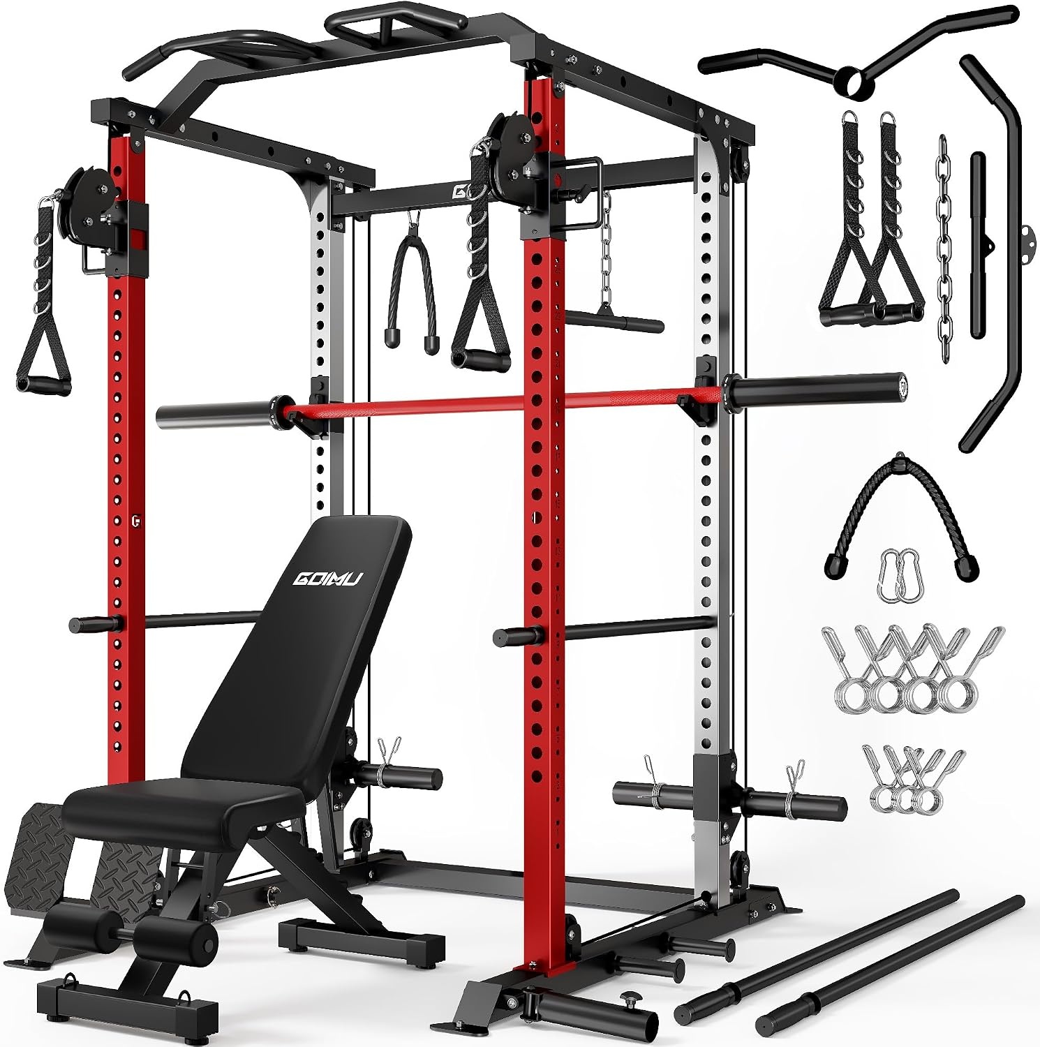 image:imageDP01 Power Cage 2000LBS Squat Rack with Cable Crossover and Dual Independent Pulley System Full Cage for Full Body Training Power Rack with More Training Attachments for Home GymRed