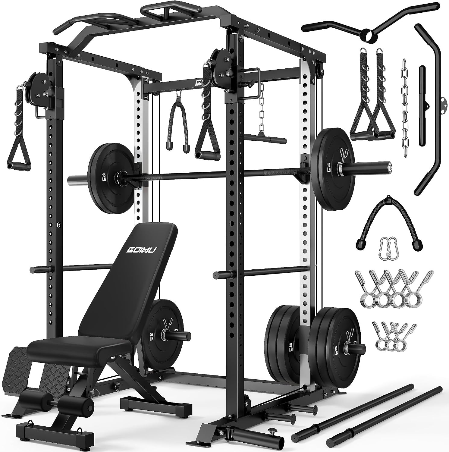 image:imageDP01 Power Cage 2000LBS Squat Rack with Cable Crossover and Dual Independent Pulley System Full Cage for Full Body Training Power Rack with More Training Attachments for Home GymBlack