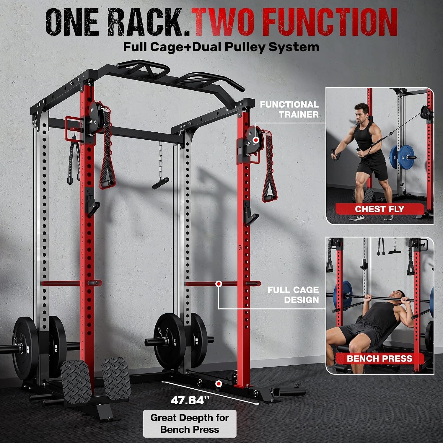 image:imageDP01 Power Cage 2000LBS Squat Rack with Cable Crossover and Dual Independent Pulley System Full Cage for Full Body Training Power Rack with More Training Attachments for Home GymRed