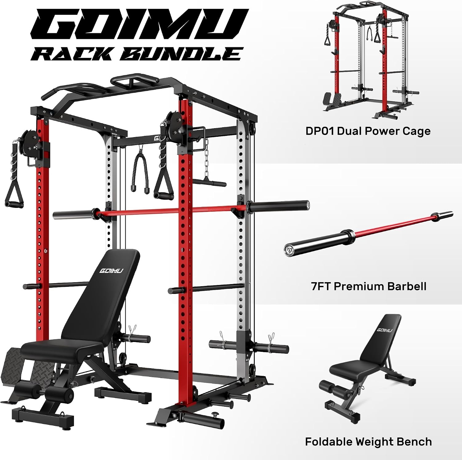 image:imageDP01 Power Cage 2000LBS Squat Rack with Cable Crossover and Dual Independent Pulley System Full Cage for Full Body Training Power Rack with More Training Attachments for Home GymRed