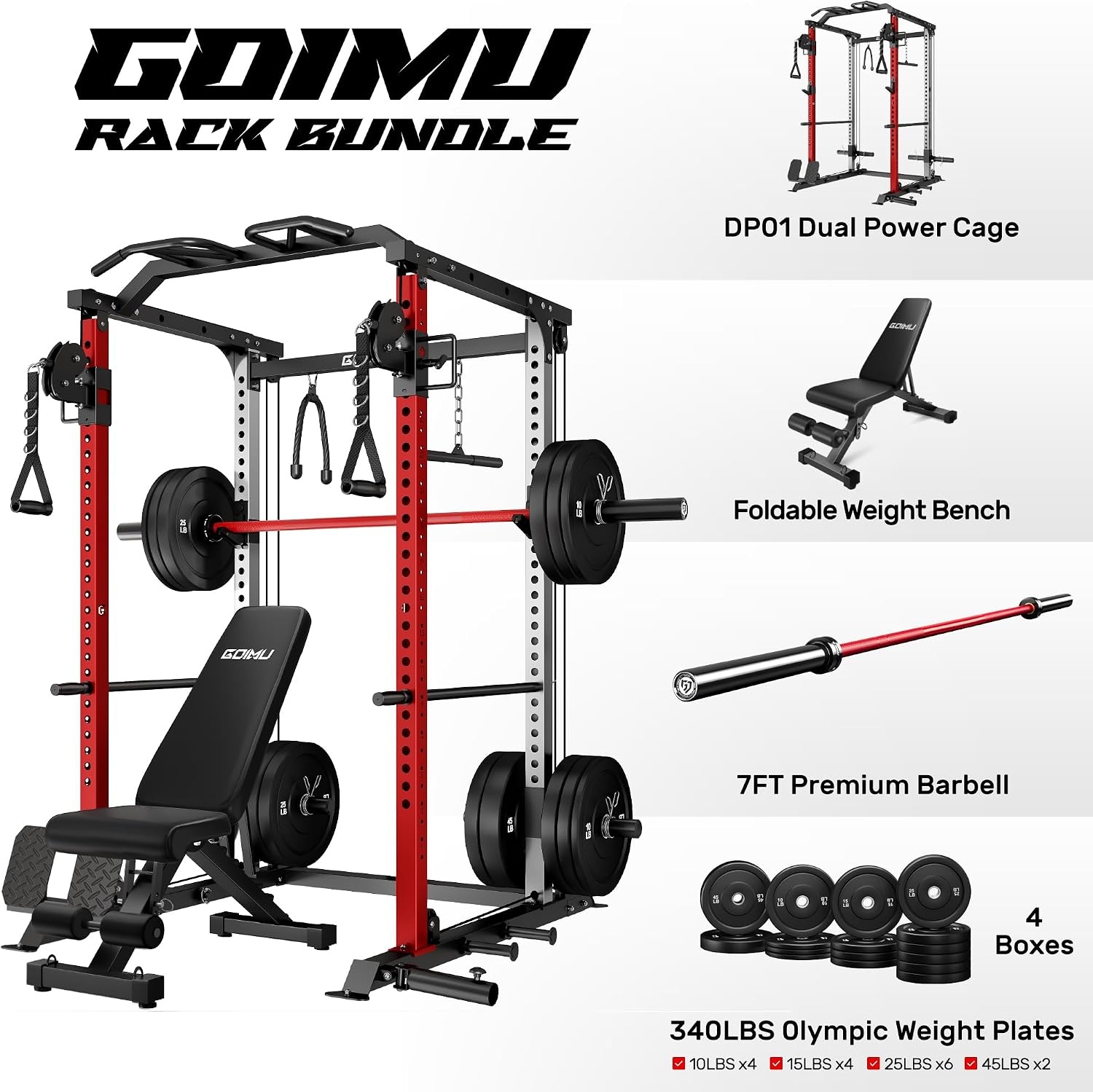 image:imageDP01 Power Cage 2000LBS Squat Rack with Cable Crossover and Dual Independent Pulley System Full Cage for Full Body Training Power Rack with More Training Attachments for Home GymRed