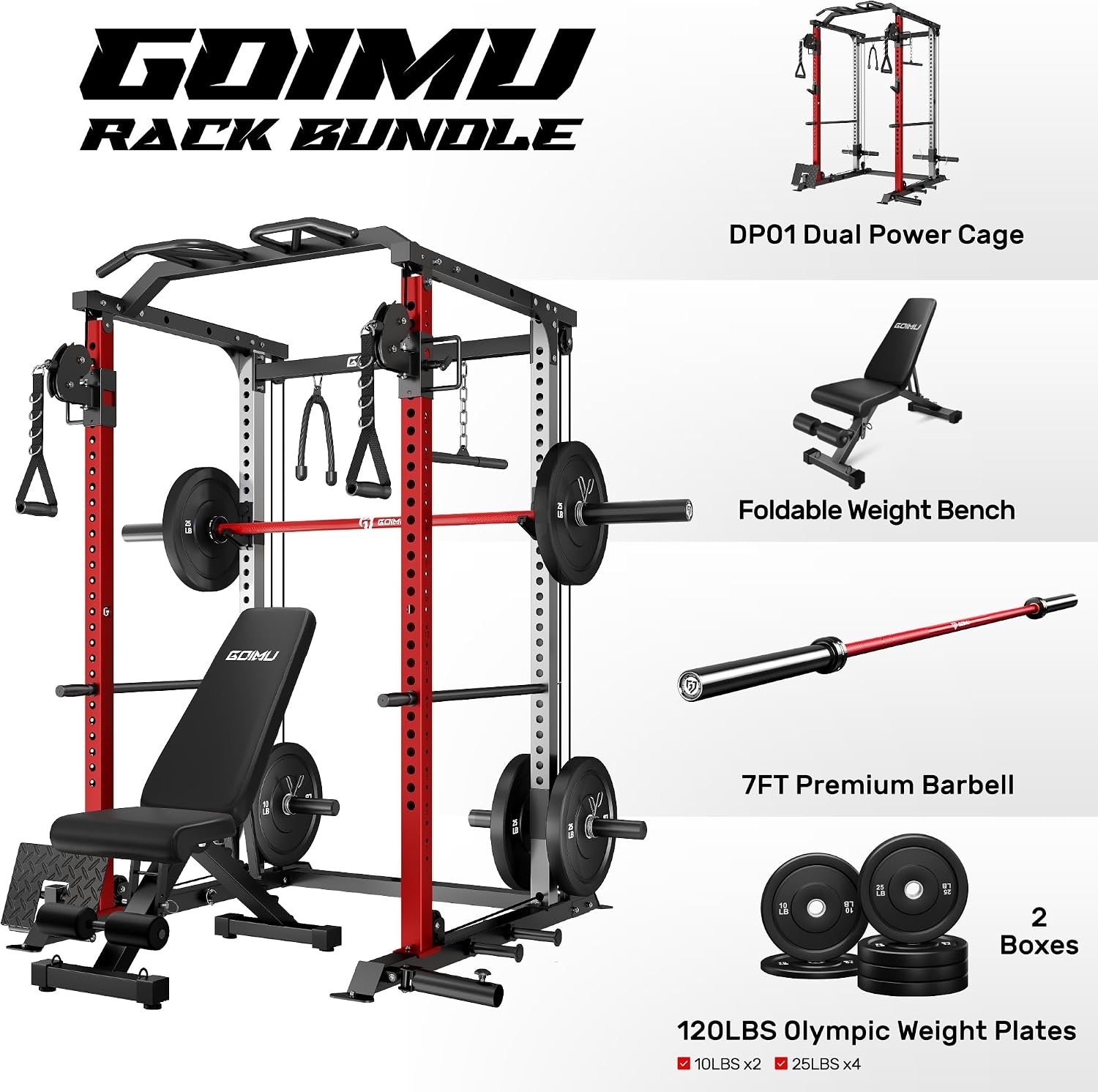 image:imageDP01 Power Cage 2000LBS Squat Rack with Cable Crossover and Dual Independent Pulley System Full Cage for Full Body Training Power Rack with More Training Attachments for Home GymRed