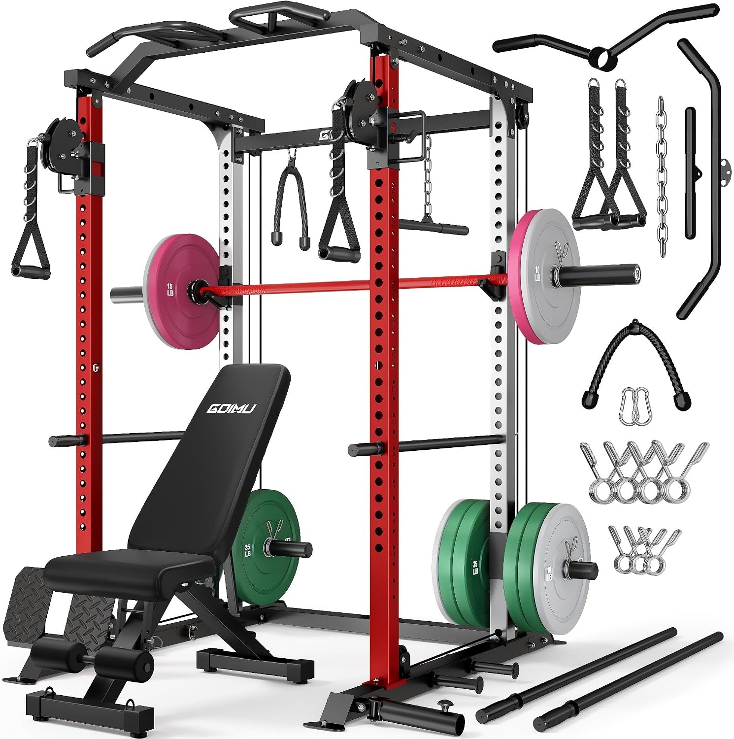 image:imageDP01 Power Cage 2000LBS Squat Rack with Cable Crossover and Dual Independent Pulley System Full Cage for Full Body Training Power Rack with More Training Attachments for Home GymRed