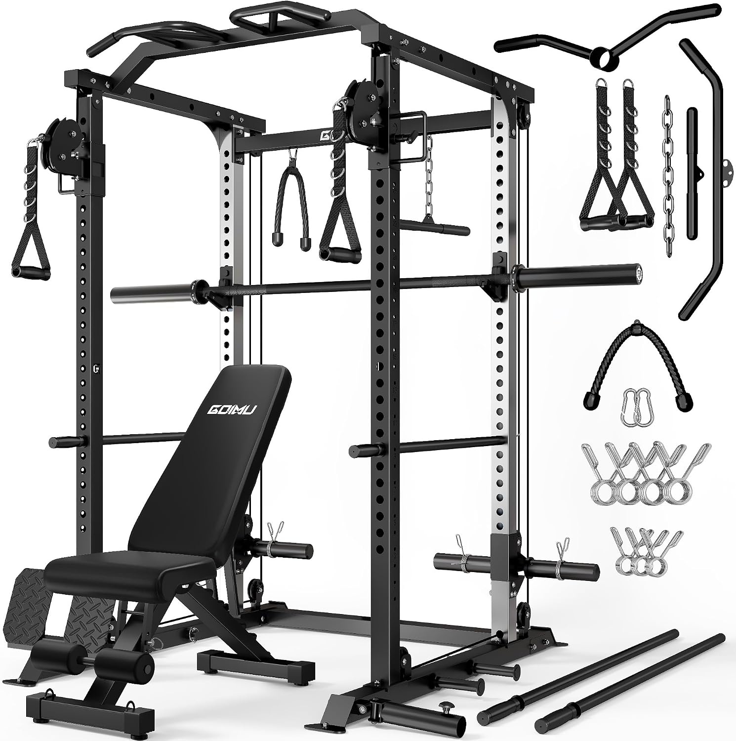 image:imageDP01 Power Cage 2000LBS Squat Rack with Cable Crossover and Dual Independent Pulley System Full Cage for Full Body Training Power Rack with More Training Attachments for Home GymBlack