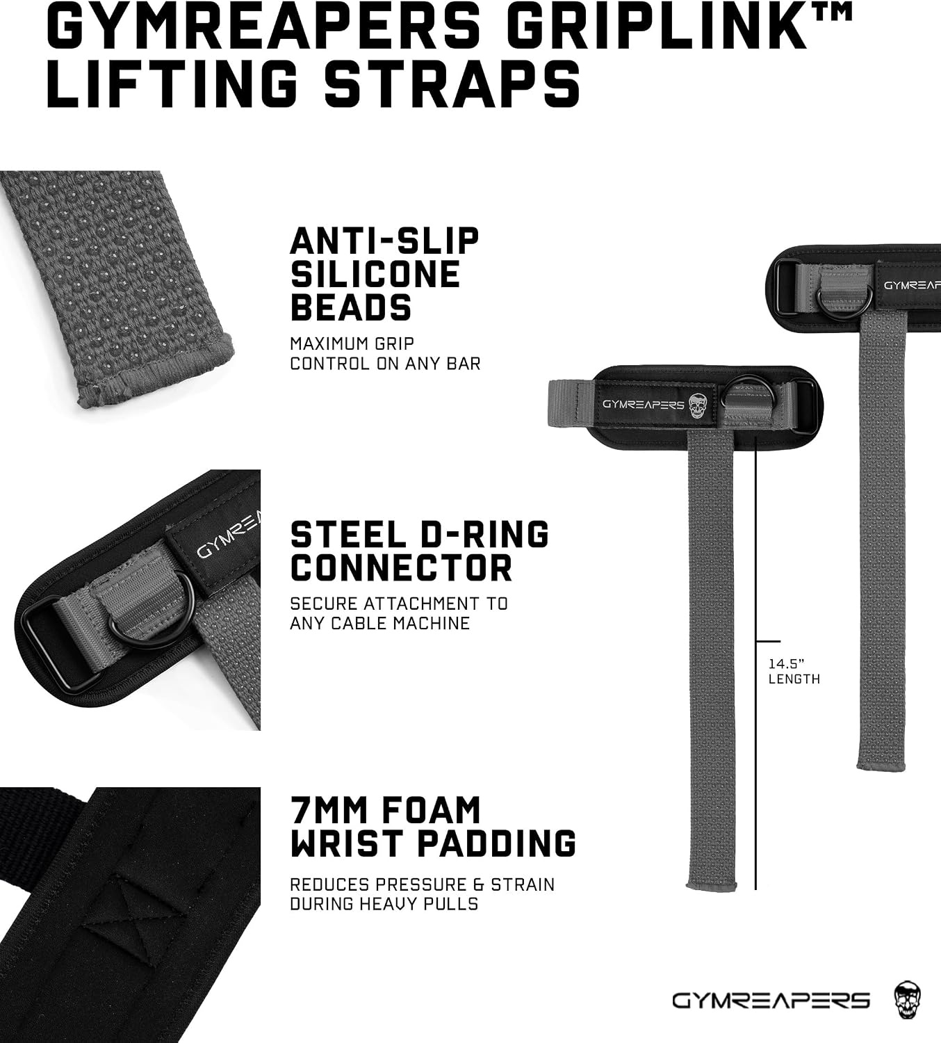 image:imageGymreapers GripLink Lifting Straps Heavy Duty DRing Weight Lifting Wrist Straps with AntiSlip Silicone Grip Beads Adjustable Support for Deadlifts Powerlifting Cable Machines amp Gym TrainingGray