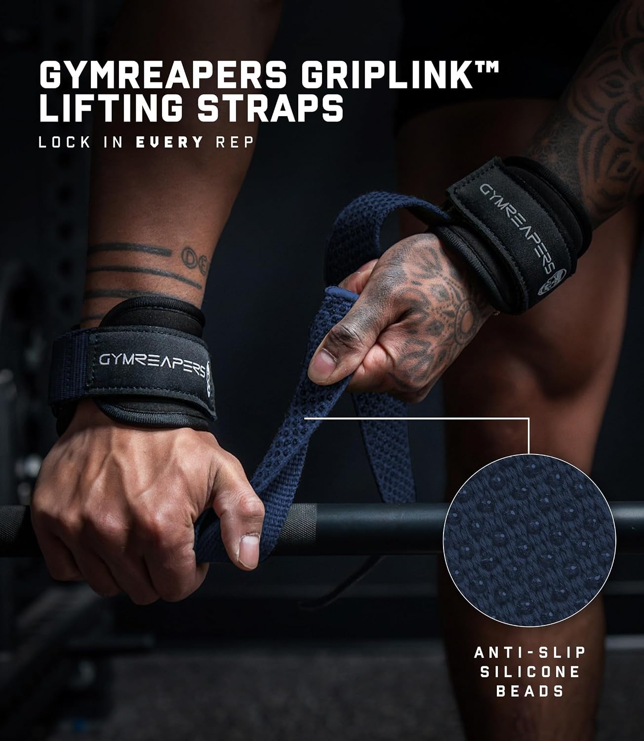 image:imageGymreapers GripLink Lifting Straps Heavy Duty DRing Weight Lifting Wrist Straps with AntiSlip Silicone Grip Beads Adjustable Support for Deadlifts Powerlifting Cable Machines amp Gym TrainingNavy
