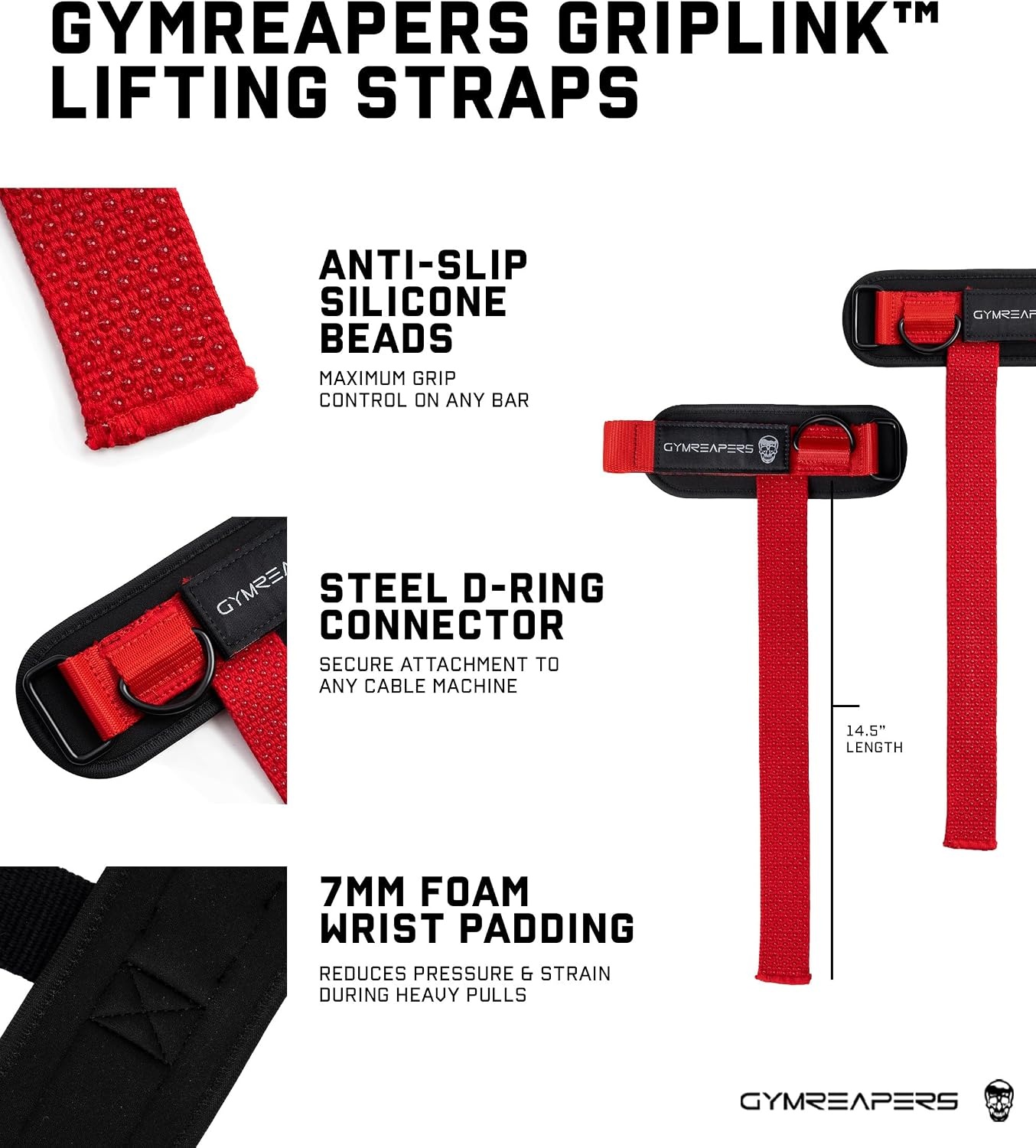 image:imageGymreapers GripLink Lifting Straps Heavy Duty DRing Weight Lifting Wrist Straps with AntiSlip Silicone Grip Beads Adjustable Support for Deadlifts Powerlifting Cable Machines amp Gym TrainingRed