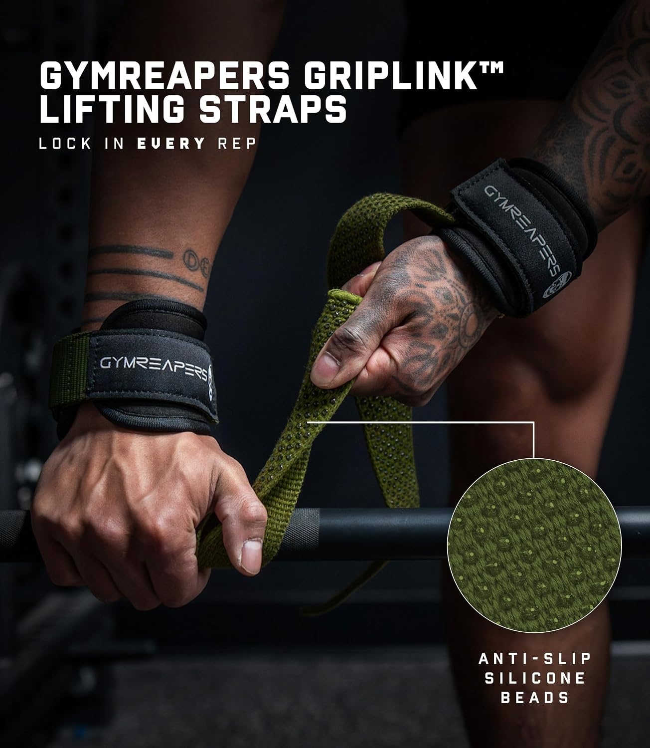 image:imageGymreapers GripLink Lifting Straps Heavy Duty DRing Weight Lifting Wrist Straps with AntiSlip Silicone Grip Beads Adjustable Support for Deadlifts Powerlifting Cable Machines amp Gym TrainingGreen