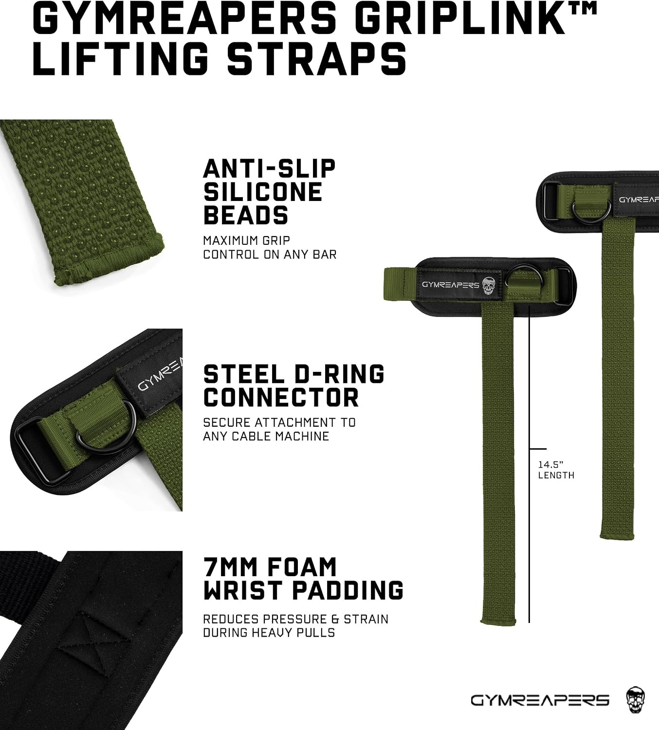 image:imageGymreapers GripLink Lifting Straps Heavy Duty DRing Weight Lifting Wrist Straps with AntiSlip Silicone Grip Beads Adjustable Support for Deadlifts Powerlifting Cable Machines amp Gym TrainingGreen