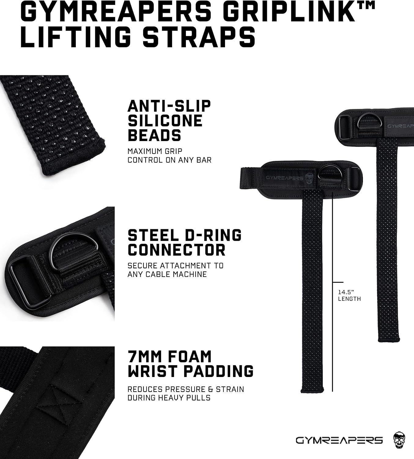 image:imageGymreapers GripLink Lifting Straps Heavy Duty DRing Weight Lifting Wrist Straps with AntiSlip Silicone Grip Beads Adjustable Support for Deadlifts Powerlifting Cable Machines amp Gym TrainingBlackBlack
