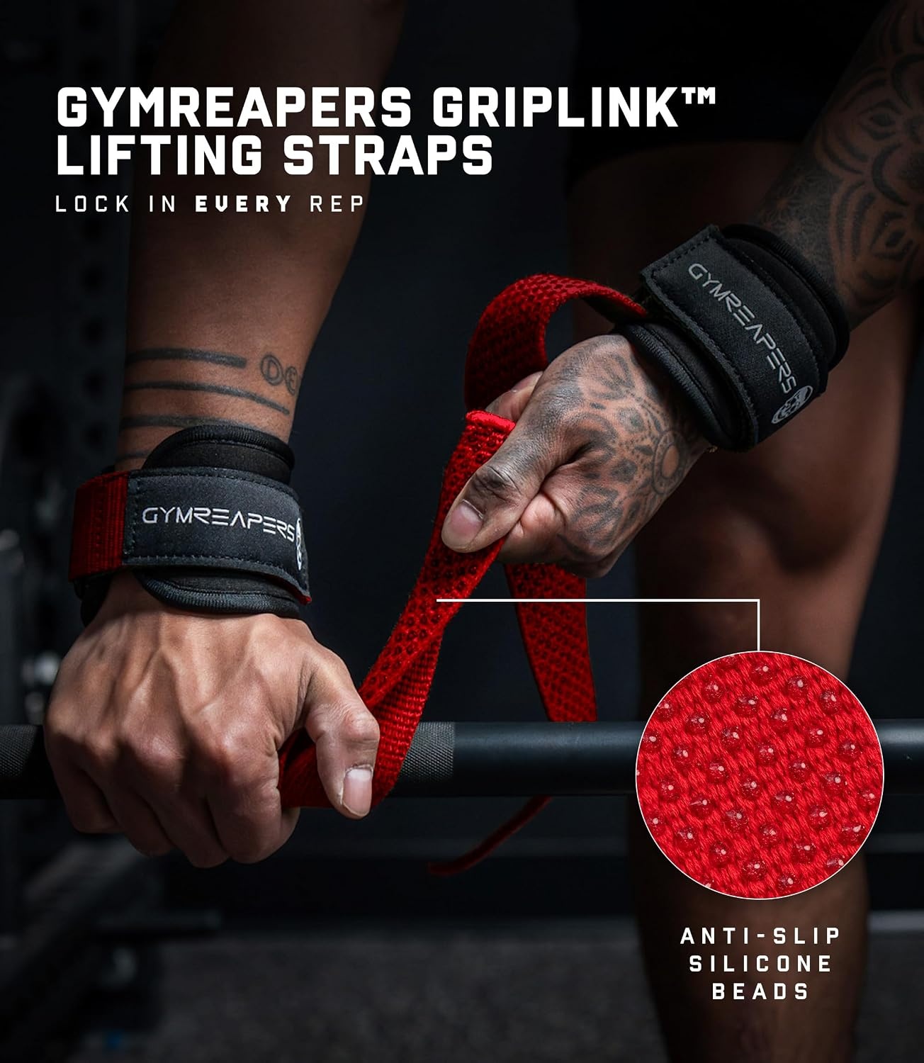image:imageGymreapers GripLink Lifting Straps Heavy Duty DRing Weight Lifting Wrist Straps with AntiSlip Silicone Grip Beads Adjustable Support for Deadlifts Powerlifting Cable Machines amp Gym TrainingRed